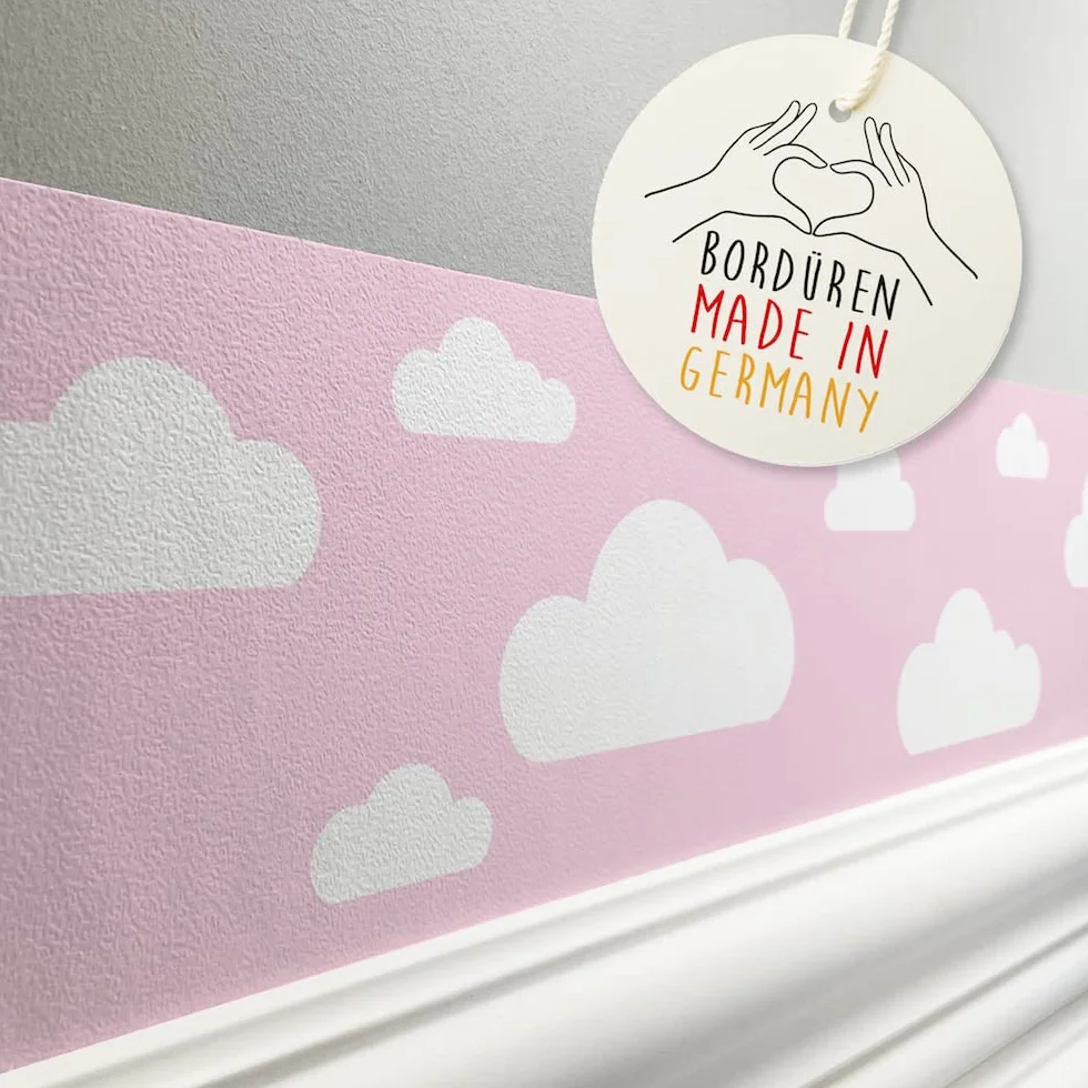 bordo autoadesivo, 450 x 11,5 cm, con motivo di nuvole, rosa