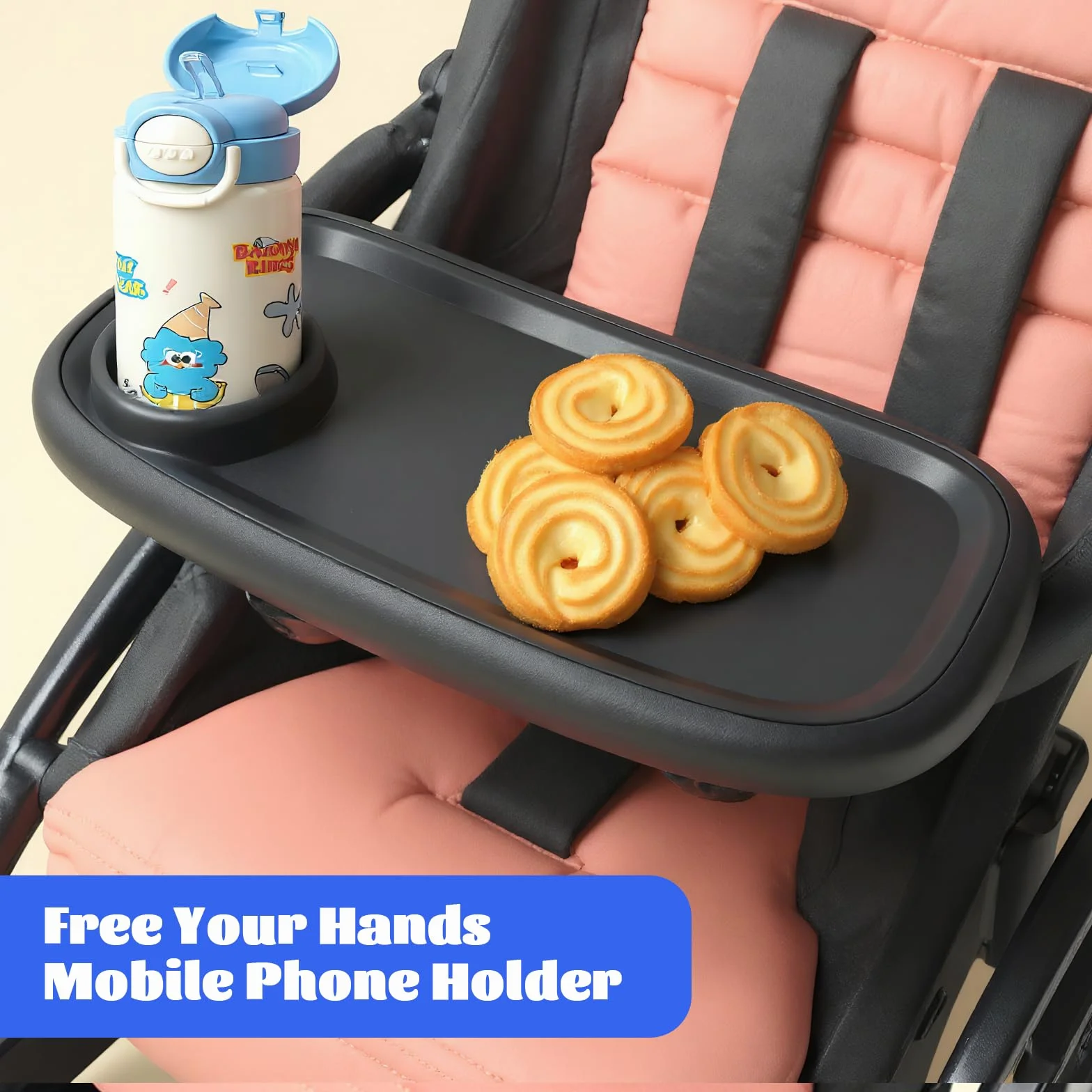 Vassoio per Passeggino Universale, Vassoio per Alimenti per Passeggino, 41x20cm, Rimovibile vassoio per Snack con Portabicchieri, Girevole a 360 Gradi, Regolabile per La Maggior Parte Dei Passeggini
