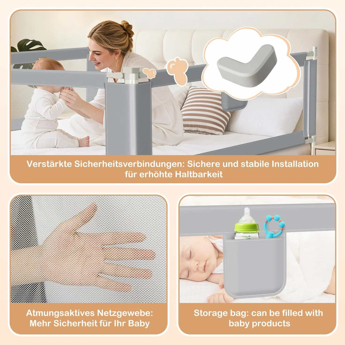 1x180CM+2x200CM Barriera per letto, Barriera pieghevole per letto per bambini, Protezione per letto per bambini per prevenire le cadute, Barriera per bambini piccoli, Facile da montare, Grigio