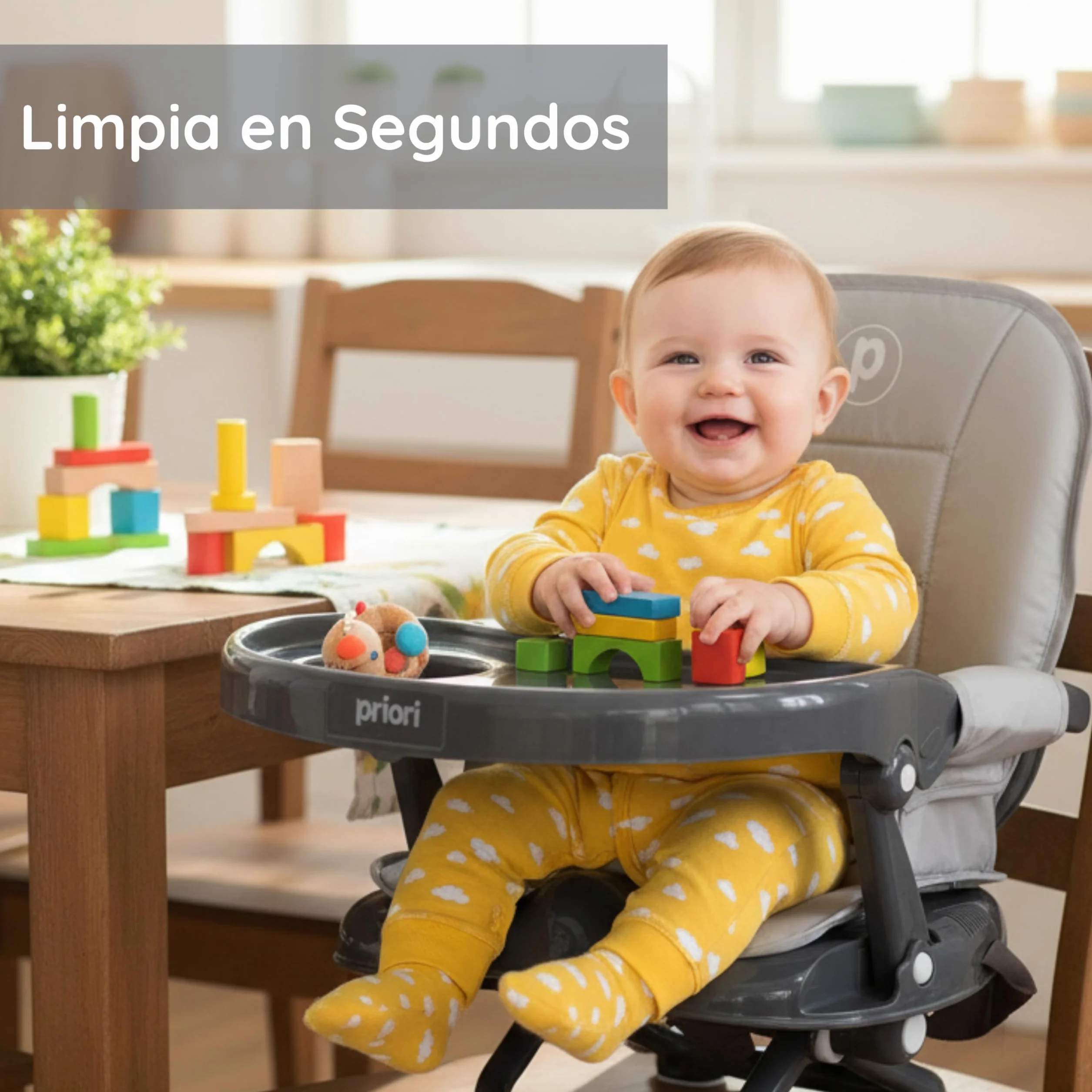 Priori Baby London Seggiolone portatile pieghevole per bambini con gambe ribellibili - Sedile sollevatore per mangiare con imbracatura a 3 punti, cinghie di sicurezza, copertura lavabile, leggera, per