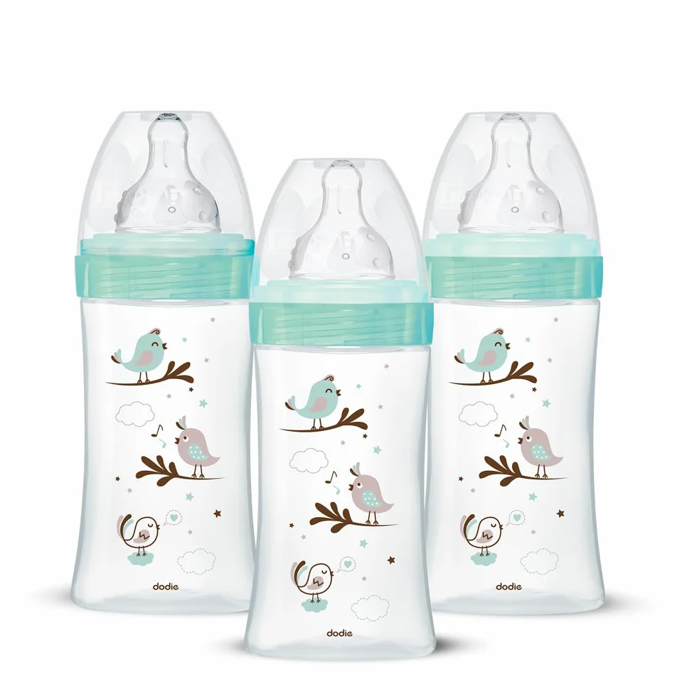 Dodie Set di 3 bicchieri anticoliche iniziation+ in vetro, 270 ml, 0-6 mesi, tettarella rotonda, portata 2