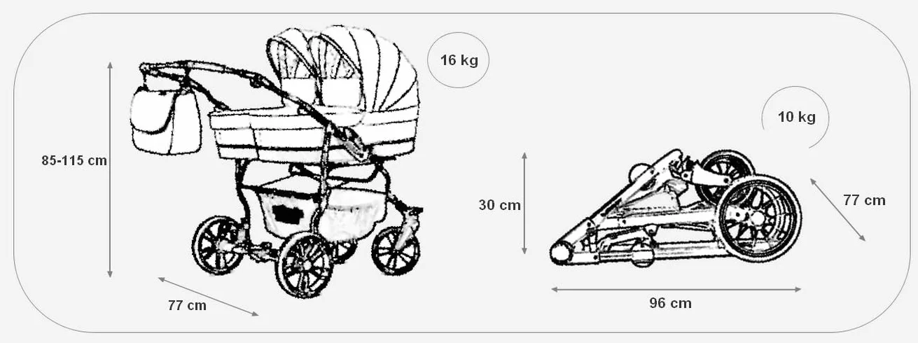 Passeggino doppio Trio 3 in1 per bambini, gemellare, grigo