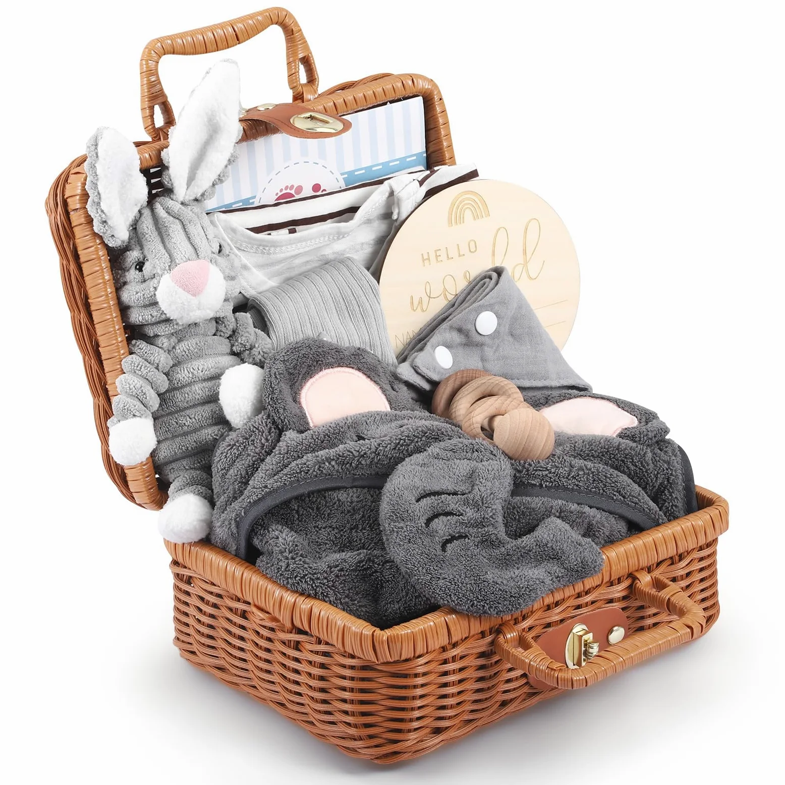 Neonato Regalo Nascita, 9 Pezzi Regali Neonata Maschio Set per Bambini Asciugamano Lenitivo Bavaglino Massaggia Gengive Coperta per Neonati Milestone Baby Cards per Baby Shower Neo Genitori