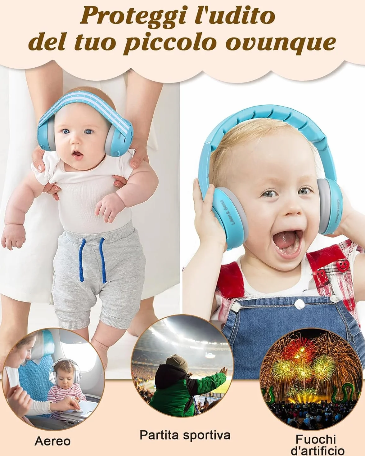 Generico 2 in 1 Cuffie Neonato Antirumore -25dB,Protettori acustici per neonati, archetto regolabile, antiscivolo e antistress, protezione acustica ideale per neonati fino a 48 mesi
