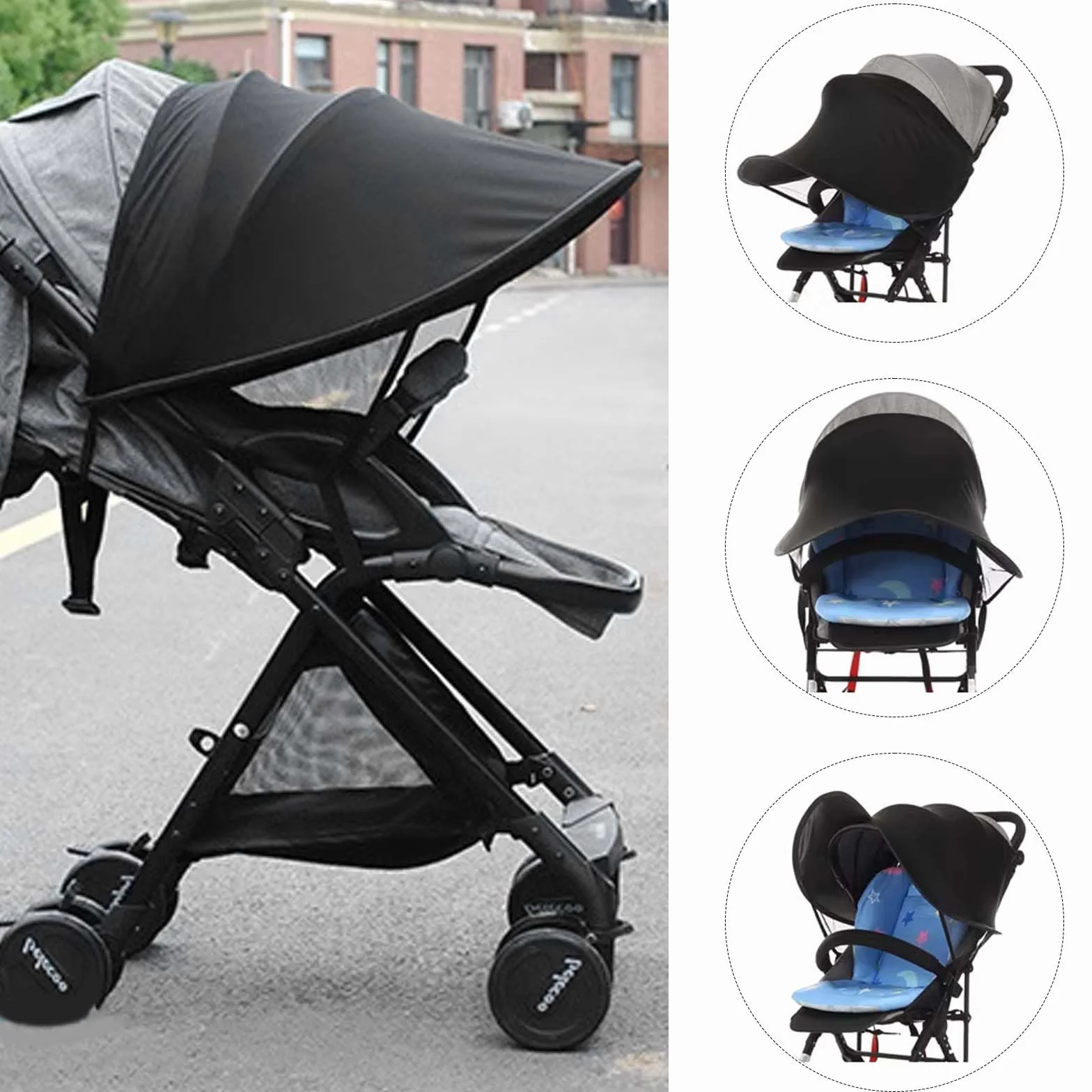 Tenda per Passeggino, Capottina Parasole Passeggino, Telo Parasole per Carrozzina e Passeggino, Parasole per Passeggino, Tenda per Passeggini Protezione Solare per Passeggino, Anti-UV, Nero