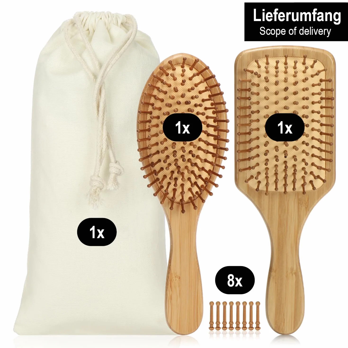 Set da 2 spazzole in bambù con setole naturali – Spazzole paddle ecologiche per donna, uomo e bambino – Massaggio alla cute per capelli sani