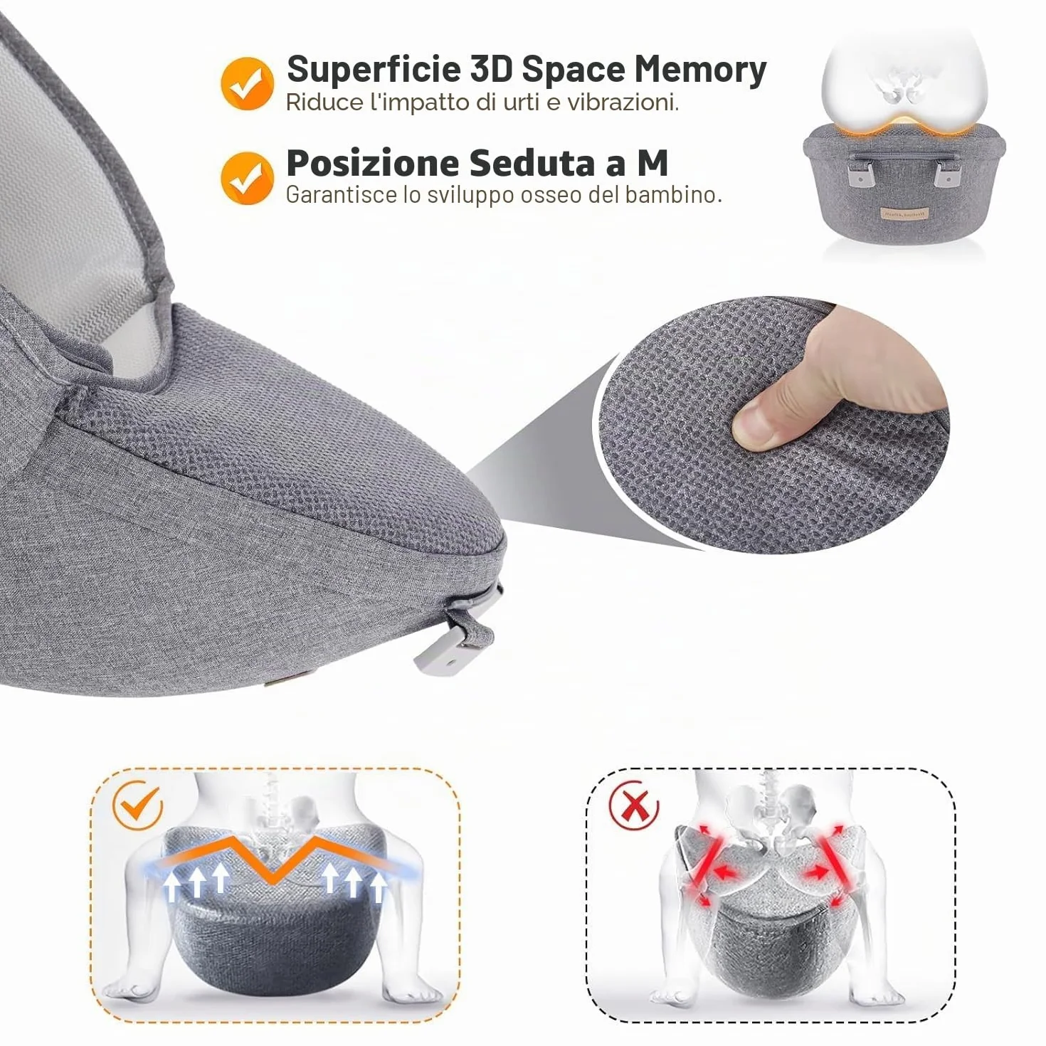 Fascia Neonato, 9-in-1 Regolabile Marsupio Neonati Ergonomico, Confortevole e Leggero, Sedile con Supporto Lombare, Marsupio Bambino da 0-36 Mesi, Ideale per Genitori a Mani Libere, Grigio