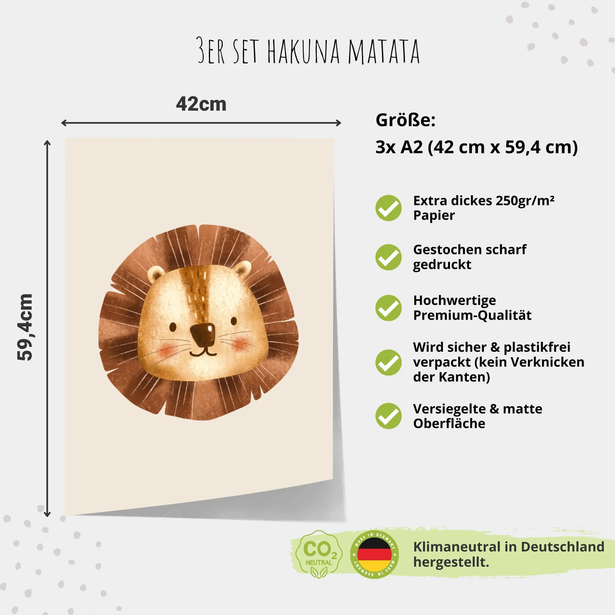 MeinBaby123® Poster per cameretta dei bambini, set da 3 pezzi, formato DIN A2, poster da parete per cameretta dei bambini, regalo per la nascita, poster da parete Premium (Hakuna Matata A2)