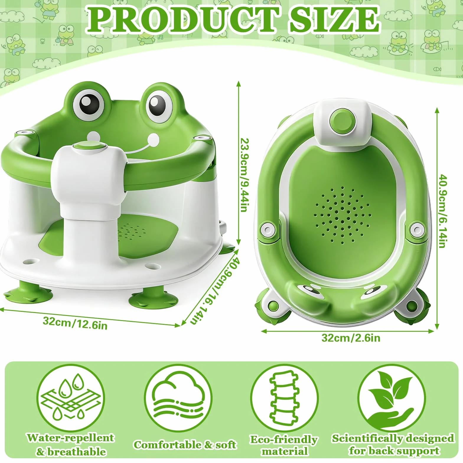 Seggiolino Doccia Bimbo,Bambino Seggiolino da Bagno,Seggiolino Vasca da Bagno Bambino,Seggiolino da Bagno con 4 Ventose,per Bambini a Partire da 6 Mesi per Doccia o Vasca da Bagno - Verde