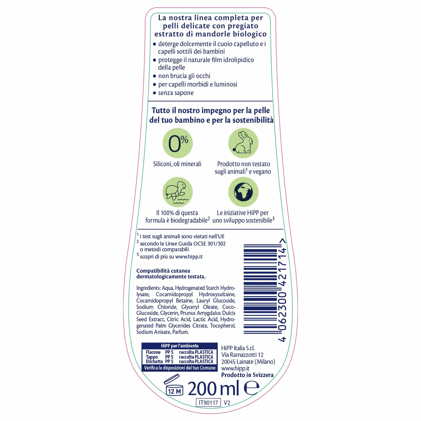 HiPP - Baby Care - Shampoo Delicato per Bambini, Deterge con Delicatezza, Non Irrita gli occhi, per Pelli Sensibili, con Estratto Naturale di Mandorle Bio, 1 Flacone da 200 ml