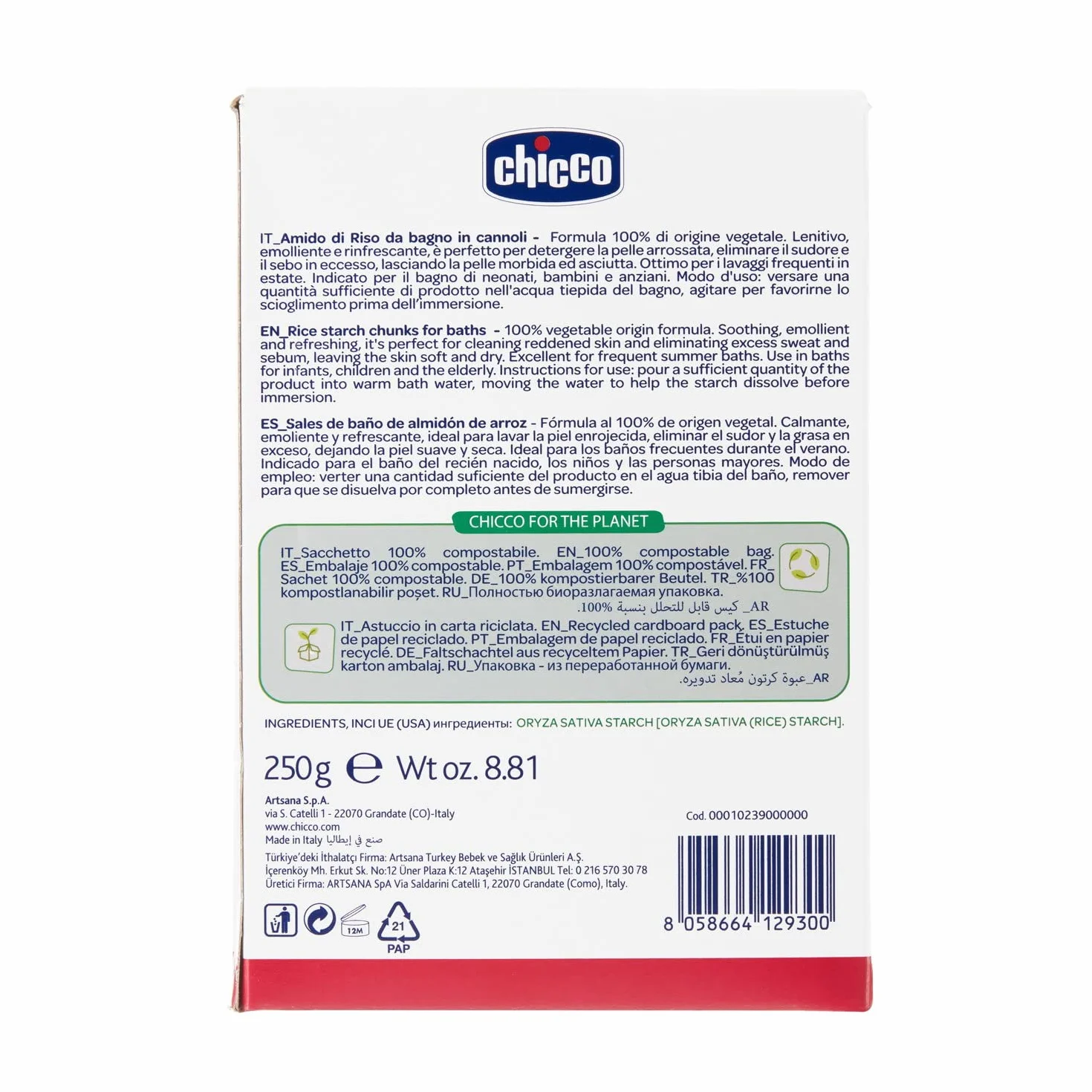 Chicco Baby Moments Amido di Riso, Lenitivo e Rinfrescante, Pulizia Gentile Senza Irritare o Asciugare La Pelle, Azione Emolliente, Bagnetto Neonato, Talco, 250 Gr, 0 Mesi+ (Confezione da 2)