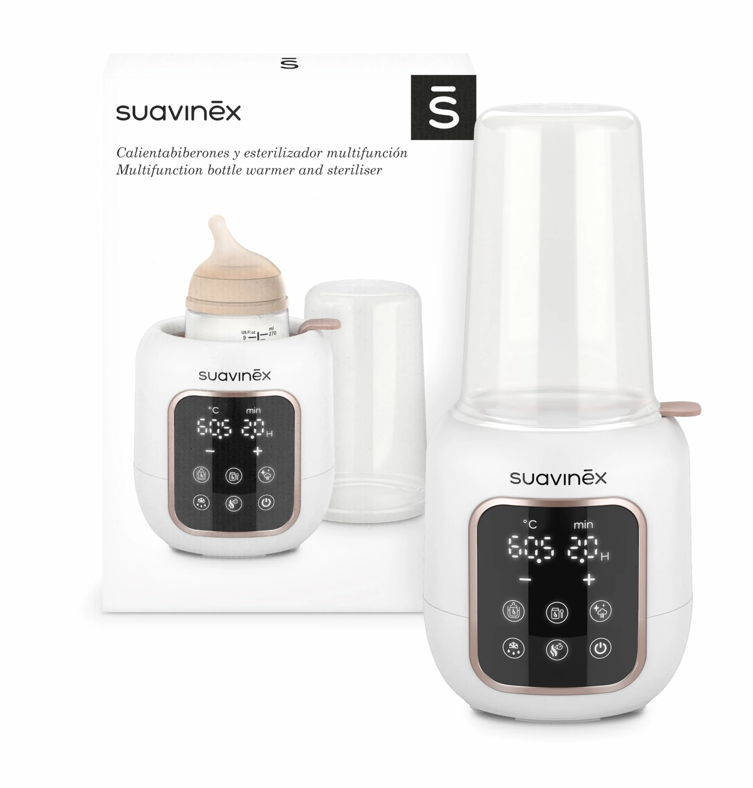 Suavinex, Scaldabiberon e Sterilizzatore 2 in 1, Sterilizza biberon e ciucci, Scalda e Scongela Biberon, Latte Materno e Omogeneizzati, con Modalità Rapida e Spegnimento Automatico, Facile da Usare