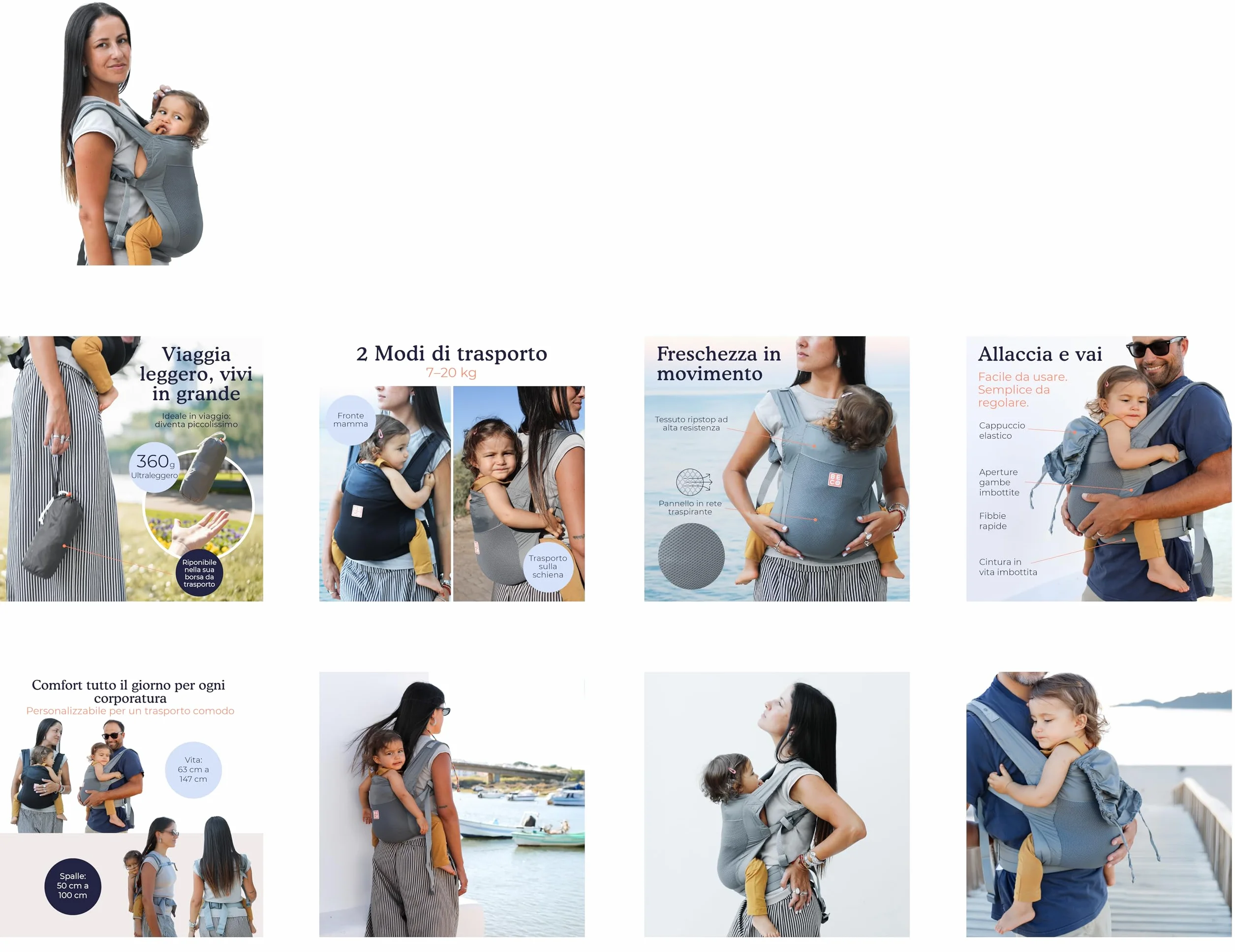Beco Fly Ultralite Marsupio Neonati e Bambini – Compatto, Pieghevole e Leggero – Con Borsa da Trasporto, Posizione a "M" Ergonomica, Fronte Mamma e Zaino (7–20 kg) - Grigio