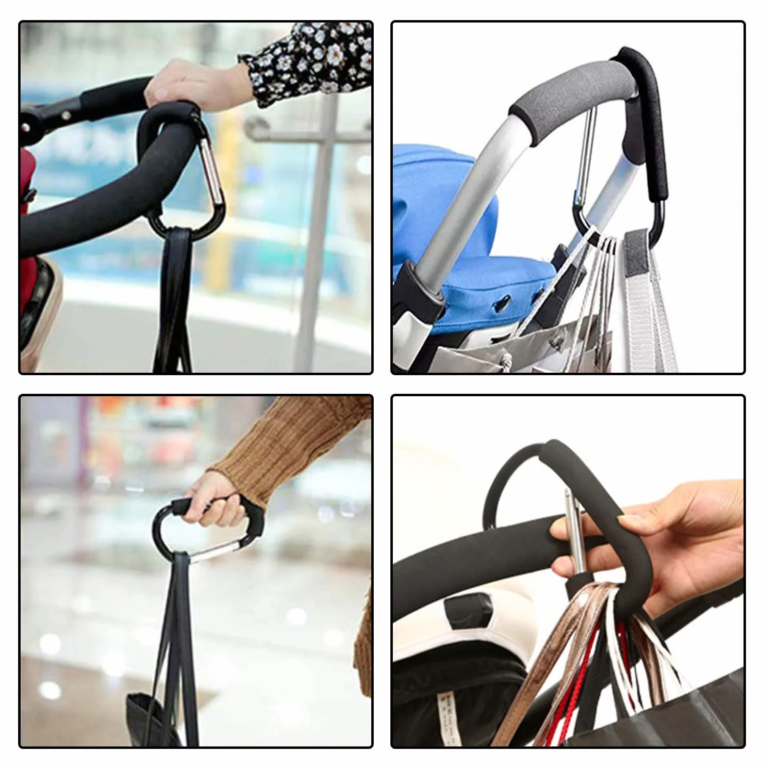TSHAOUN 3 Pezzi Buggy Ganci Moschettone, Gancio Universale Passeggino, Moschettone per Passeggino, Gancio per Borsa per Pannolini, Aggancio per Borse con Imbottitura di Protezione