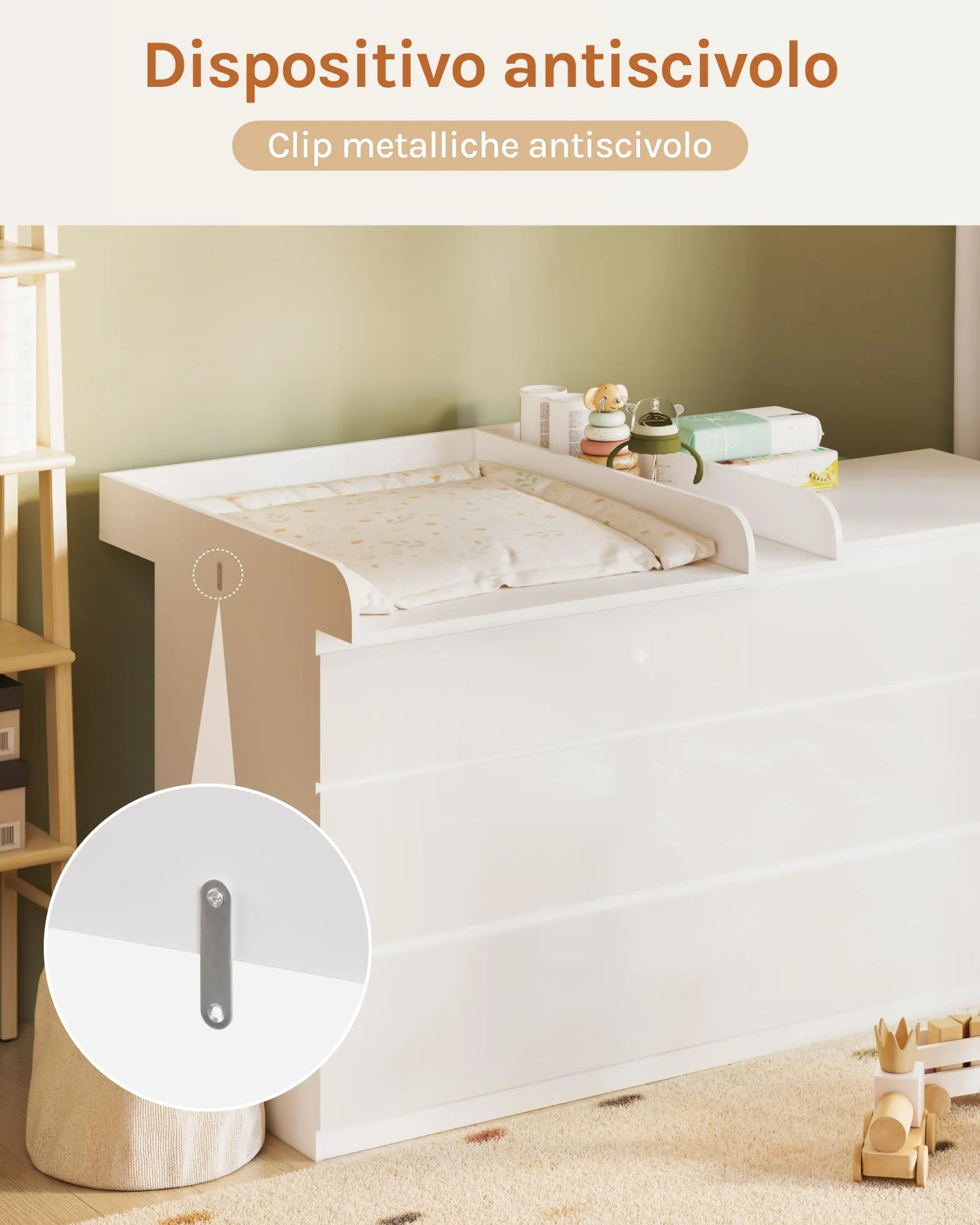 WOLTU Fasciatoio per Cassettiera Universale, Piano Fasciatoio con Divisorio Rimovibile, Fissaggio Sicuro con Pezzi Metallici, in MDF, Bianco