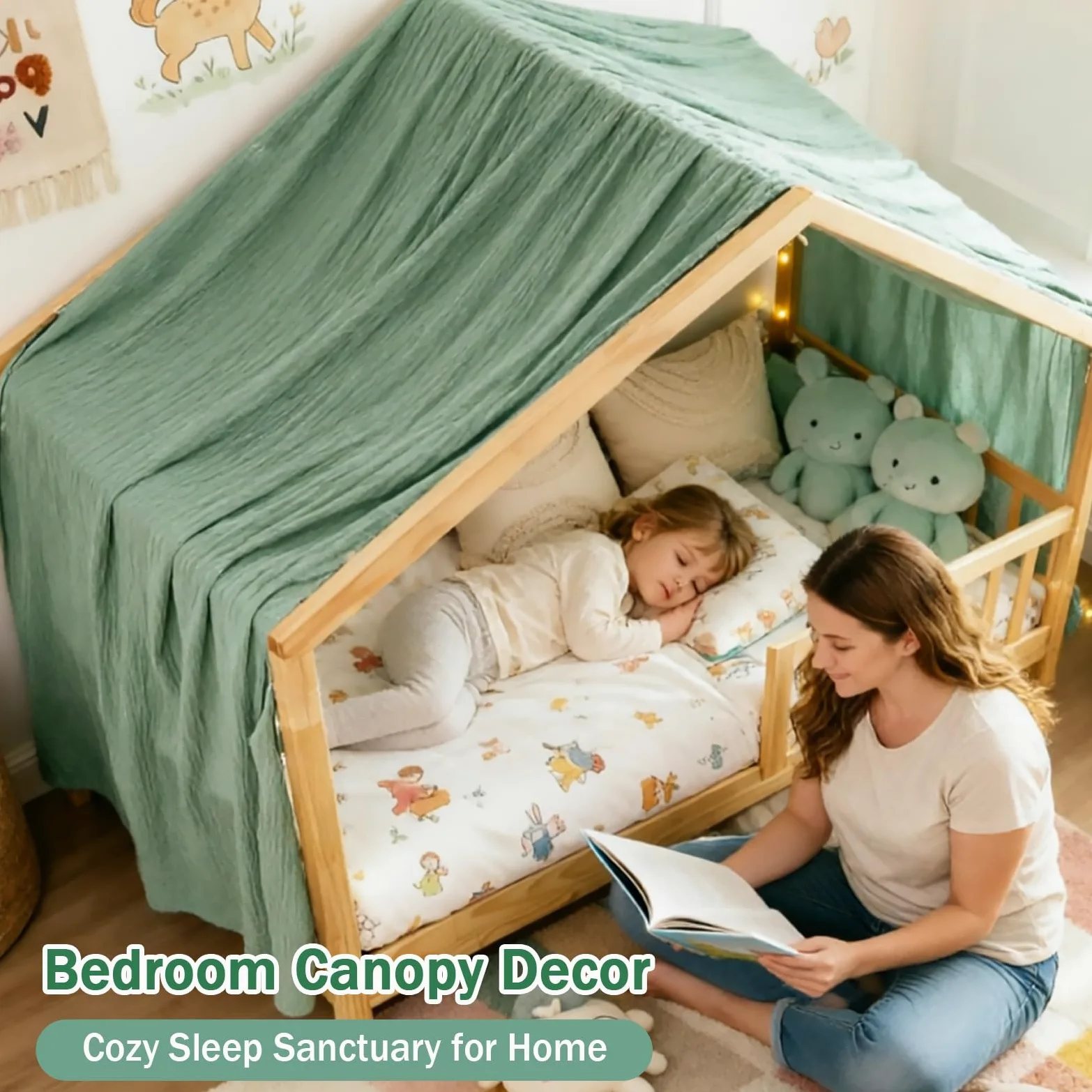 Ginkago Baldacchino 100% Cotone per Cameretta Tenda per Letto a Castello & Lettino Decorazione per Bambina e Bambino Salvaspazio per Stanze Piccole (Verde, 360 x 135 cm)