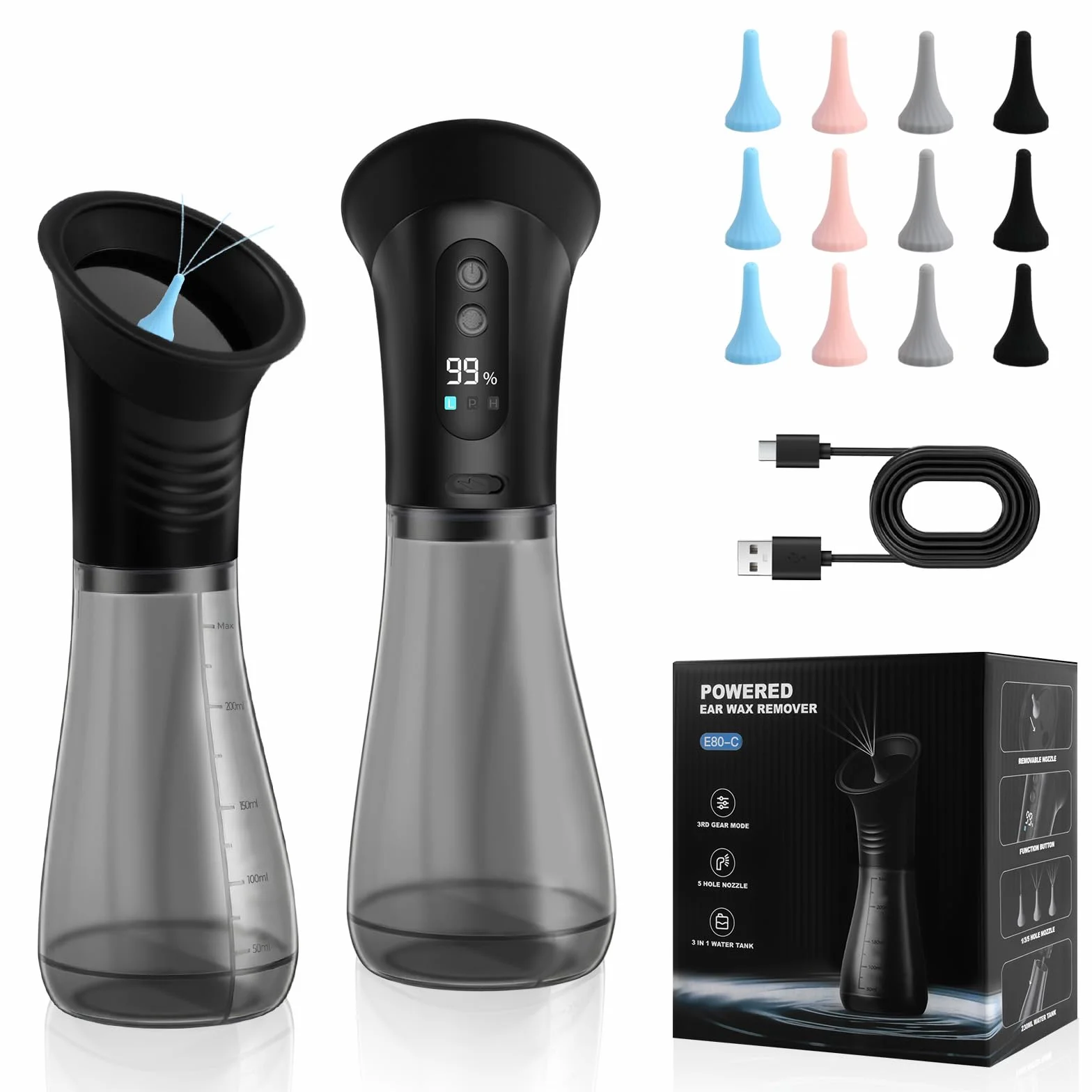 Pulitore Orecchie Elettrico 2-in-1, Doppio Serbatoio Ricaricabile Type-C 2000mAh, IPX7 Impermeabile, 3 Modalità di Pressione, 12 Ugelli Riutilizzabili per Adulti