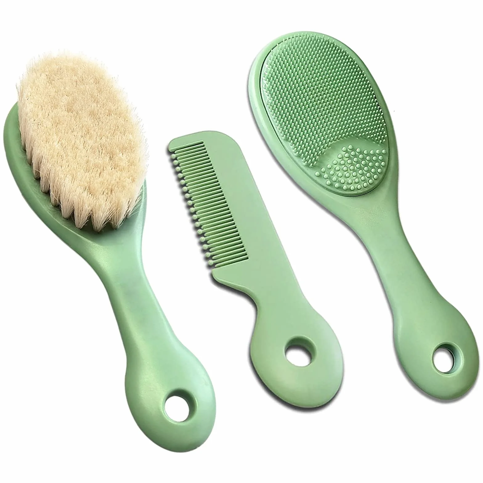 Set di 3 spazzole per capelli e pettini per neonati e bambini, con morbide setole di capra, spazzola da bagno in silicone e pettine per neonati e bambini, regalo perfetto per la lista dei