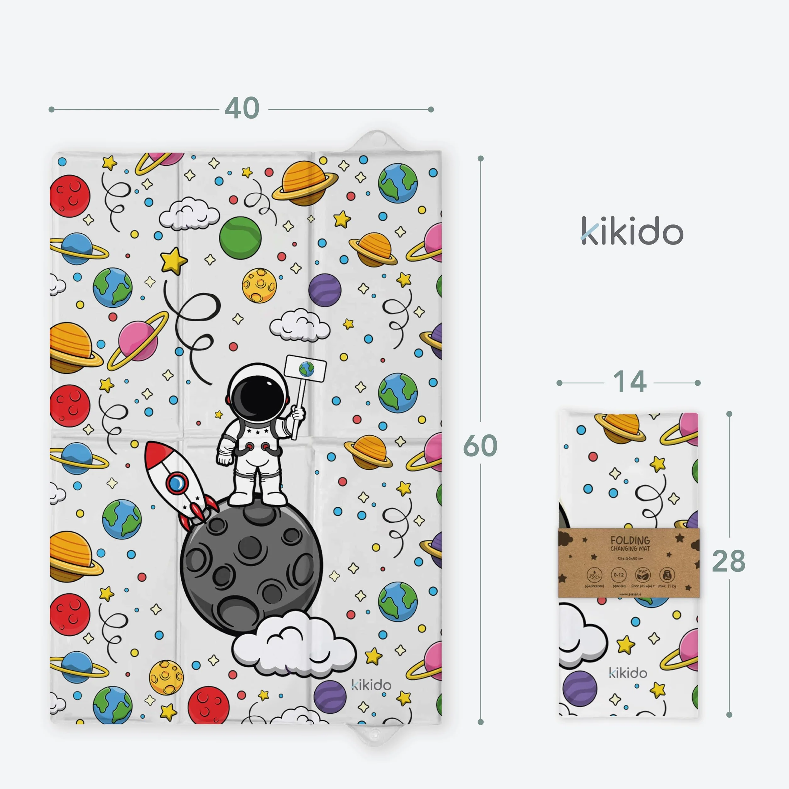 Kikido Materassino Fasciatoio Portatile Neonato 40x60 cm - Astronauta - Cuscino Fasciatoio Morbido, Pieghevole e Impermeabile 60x40 - Materassino Da Viaggio per Cambio Pannolino