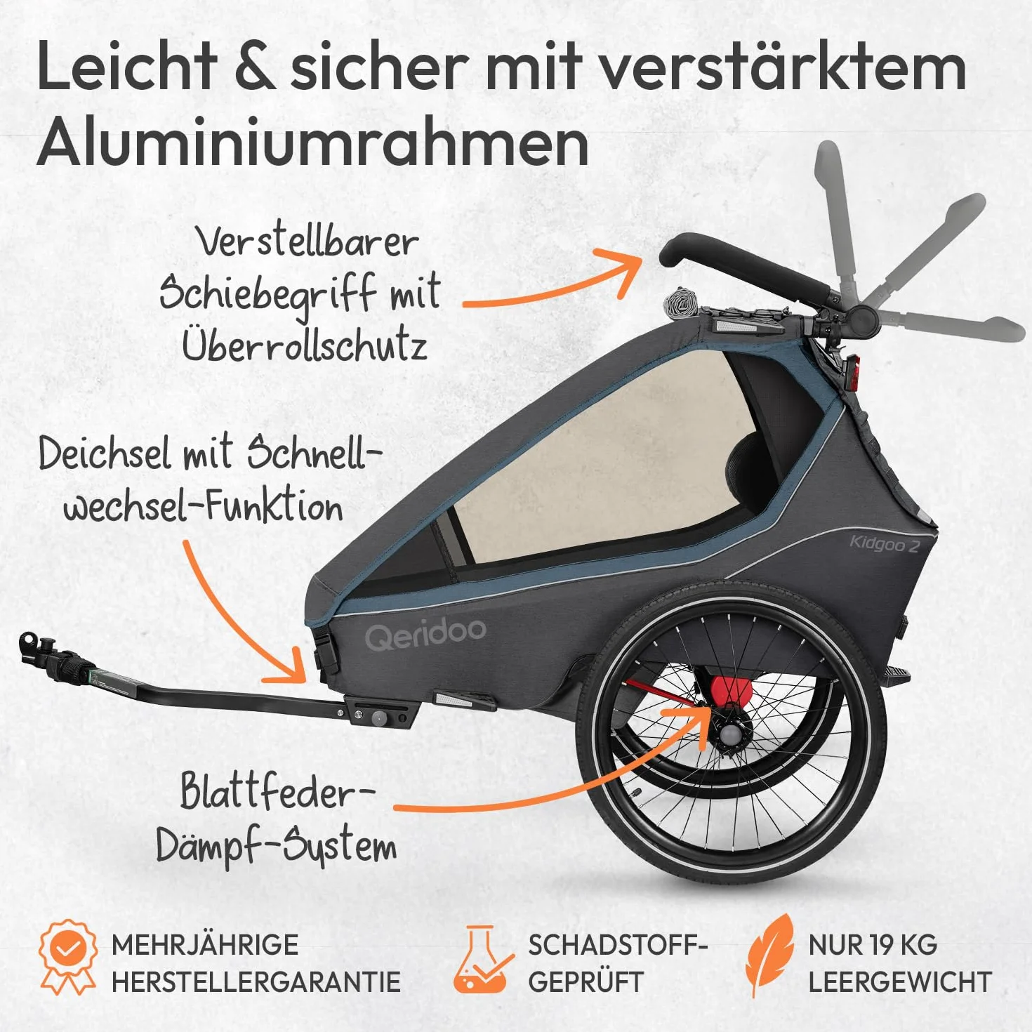 Qeridoo Rimorchio per bicicletta Kidgoo 2 blu navy con sistema di cinture a 5 punti e Easy ARS, pieghevole, con ruota girevole a 360 gradi e protezioni per la testa brevettate, per 2 bambini!
