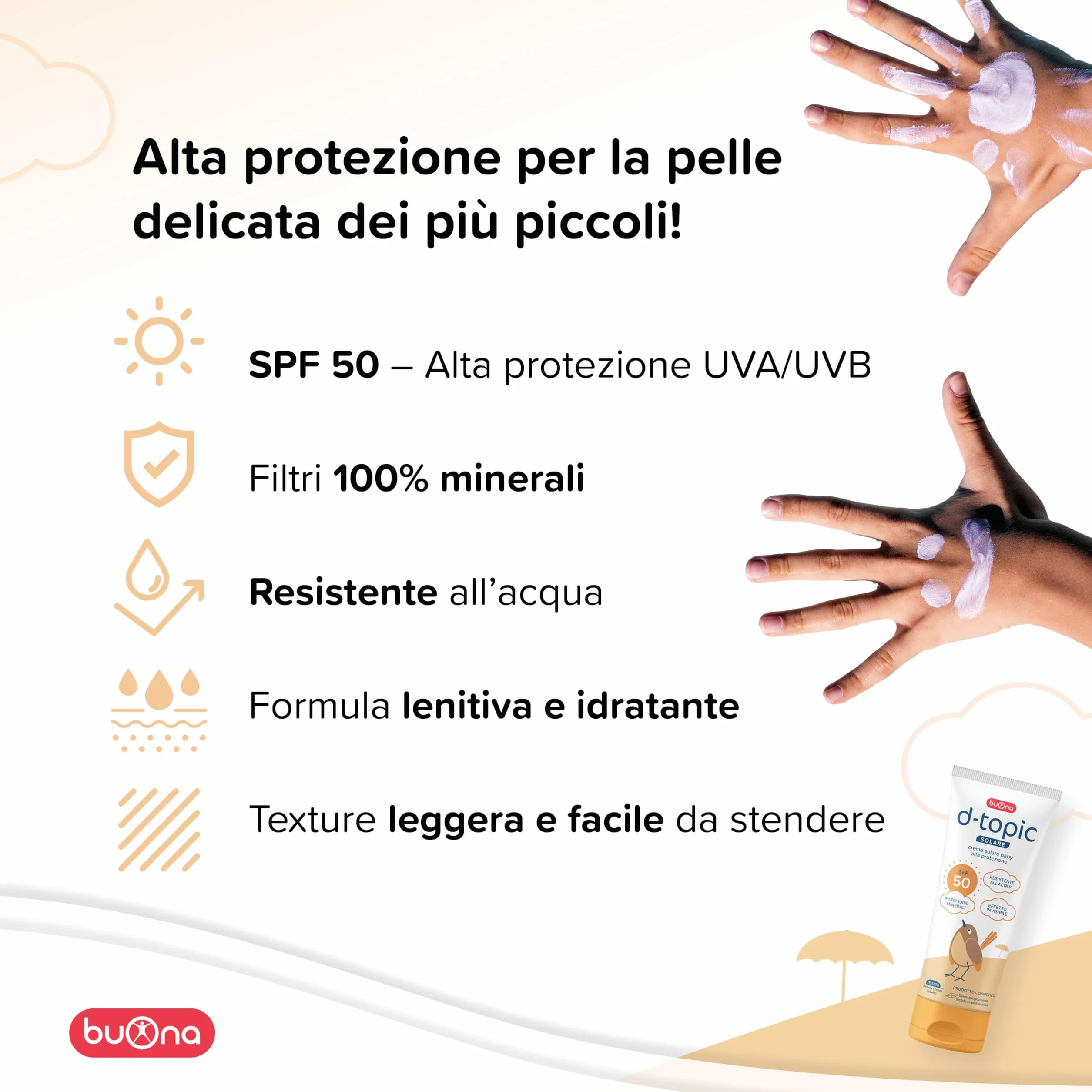 Buona d-topic Solare Crema Solare 50 Bambini 100 ml Protezione Solare Neonato per Pelle Sensibile e Delicata, Filtri 100% Minerali, Resistente All’Acqua, Senza Filtri Chimici, Effetto Invisibile