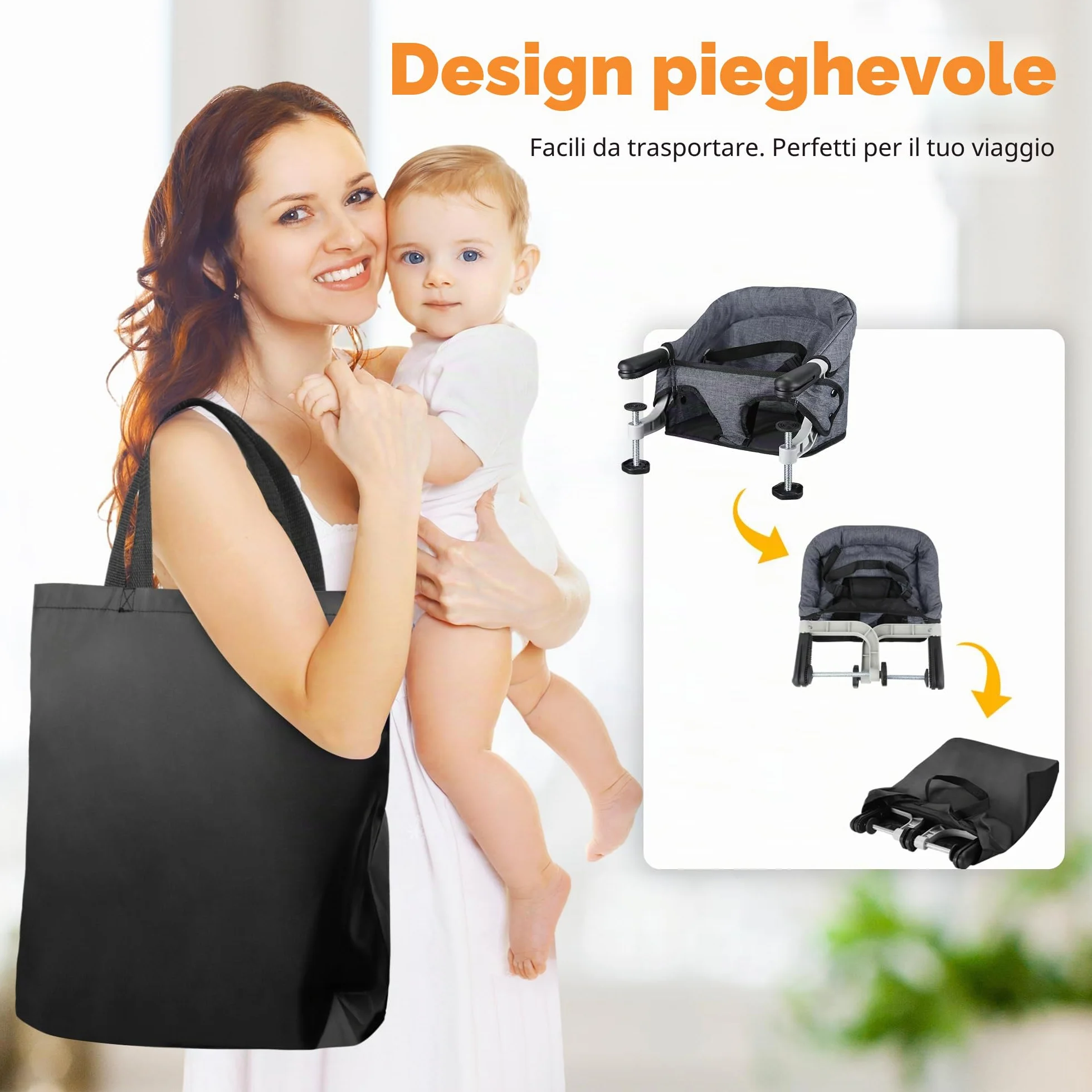 Toogel Seggiolini da Tavolo, Seggiolone Pieghevole Portatile con Imbracatura di Sicurezza, Baby Seggiolino da Tavolo con Borsa da Trasporto per Casa e Viaggi (Grigio)