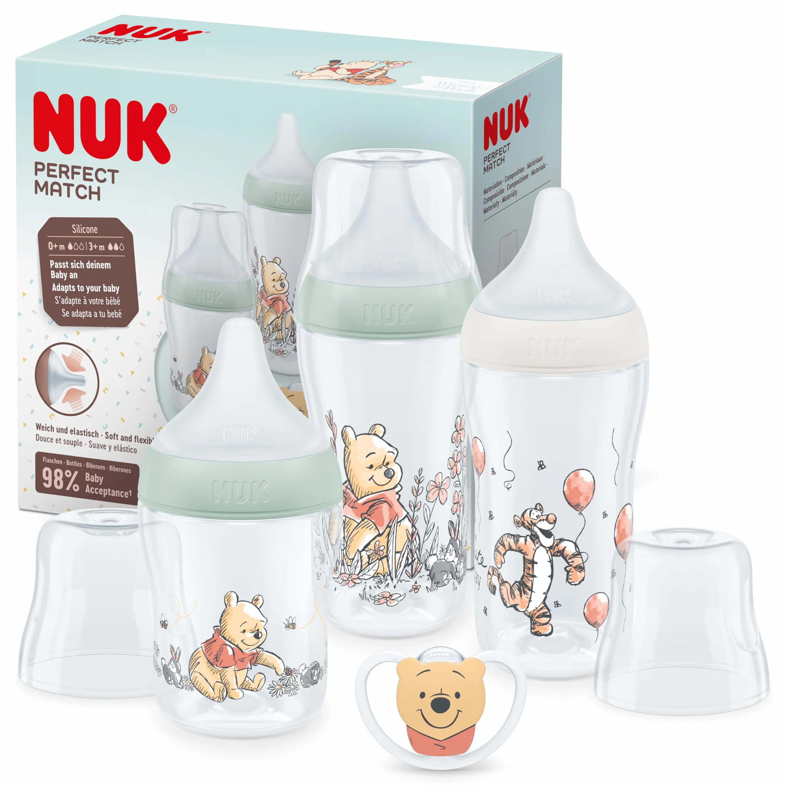 NUK Confezione biberon Perfect Match | 0-6+ mesi | Si adatta al palato del bambino | 3 biberon anti-colica e ciuccio Space Soother | Senza BPA | Disney Winnie the Pooh | 4 pezzi