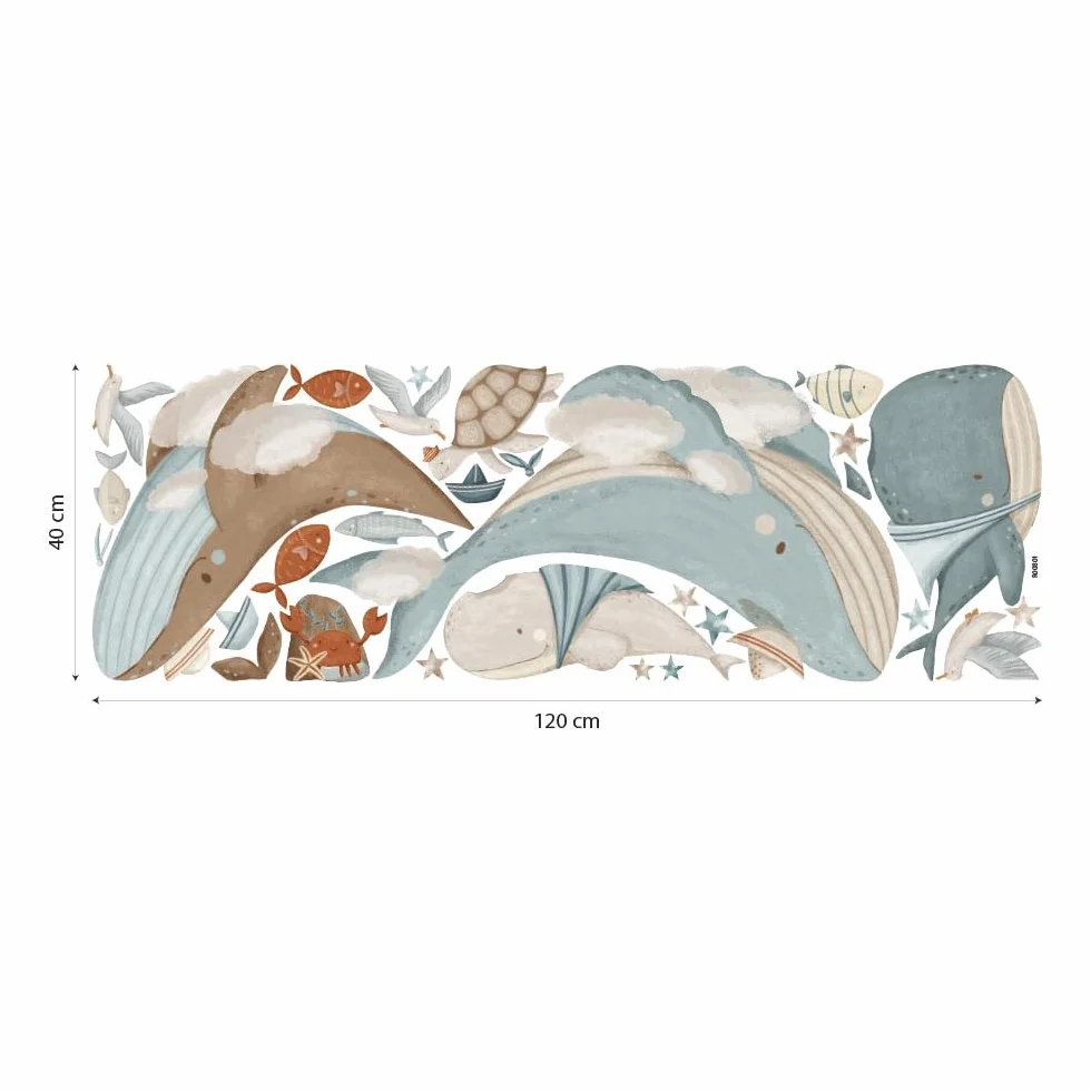 kina - Adesivo Murale Bambini Decorazione Parete Cameretta R00801 - Materiale Eco-Tessuto, Ecologico Anallergico, Riposizionabile, Effetto Carezza, Asilo Nido - Grafica Mare e Misura 120x40 cm