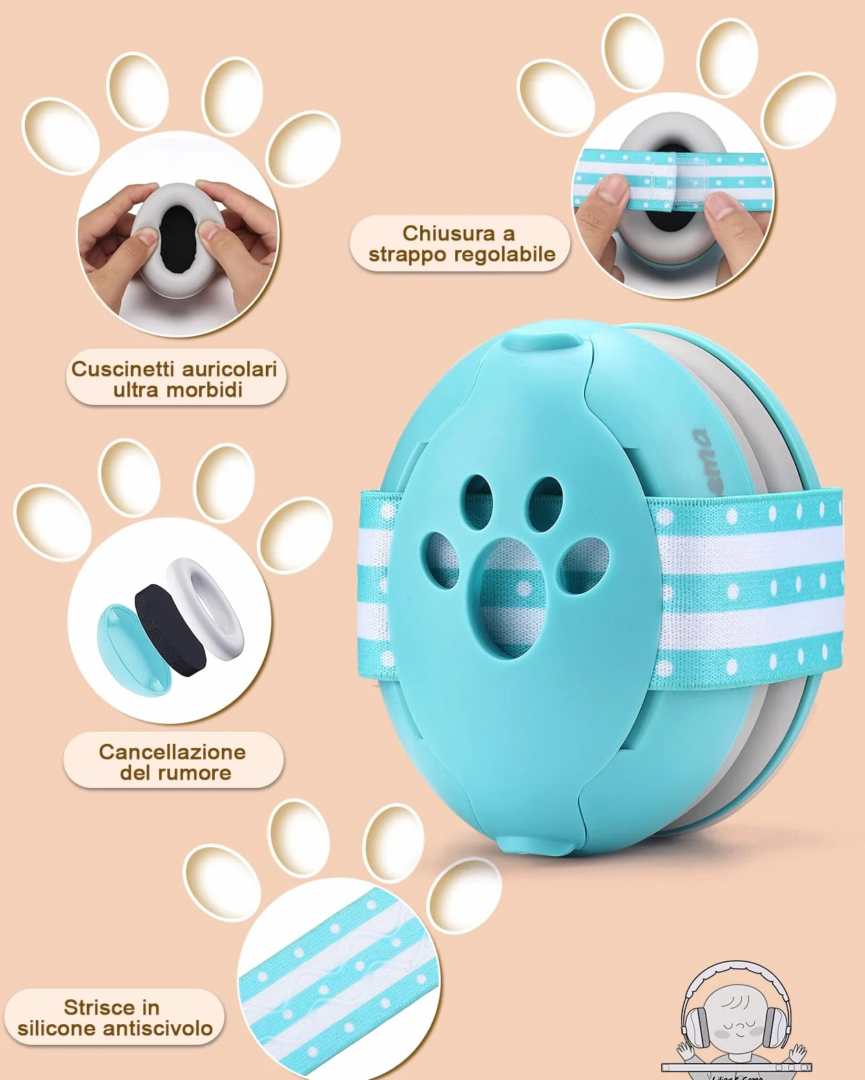 Lilian&Gema 2 in 1 Cuffie Neonato Antirumore -25dB,Protettori acustici per neonati, archetto regolabile, antiscivolo e antistress, protezione acustica ideale per neonati fino a 48 mesi