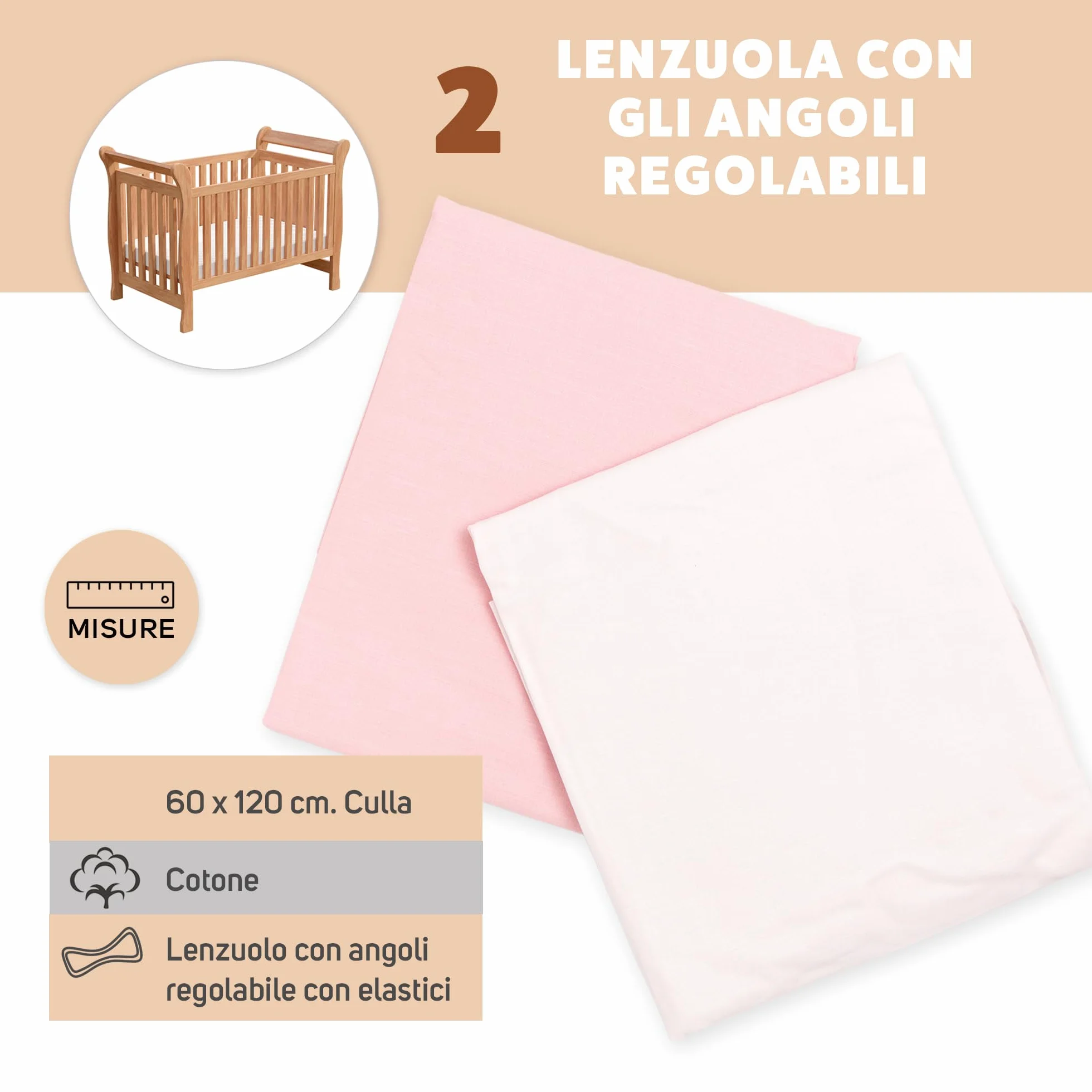 Ti TIN Confezione da 2 Lenzuola con Angoli per Culla 100% Cotone | Set di 2 Lenzuola Regolabili con Elastici, 60x120 cm, 1 Lenzuolo Bianco + 1 Lenzuolo Rosa | 100% cotone, gommato, traspirante e morbido, facile da pulire, adatto all'asciugatrice