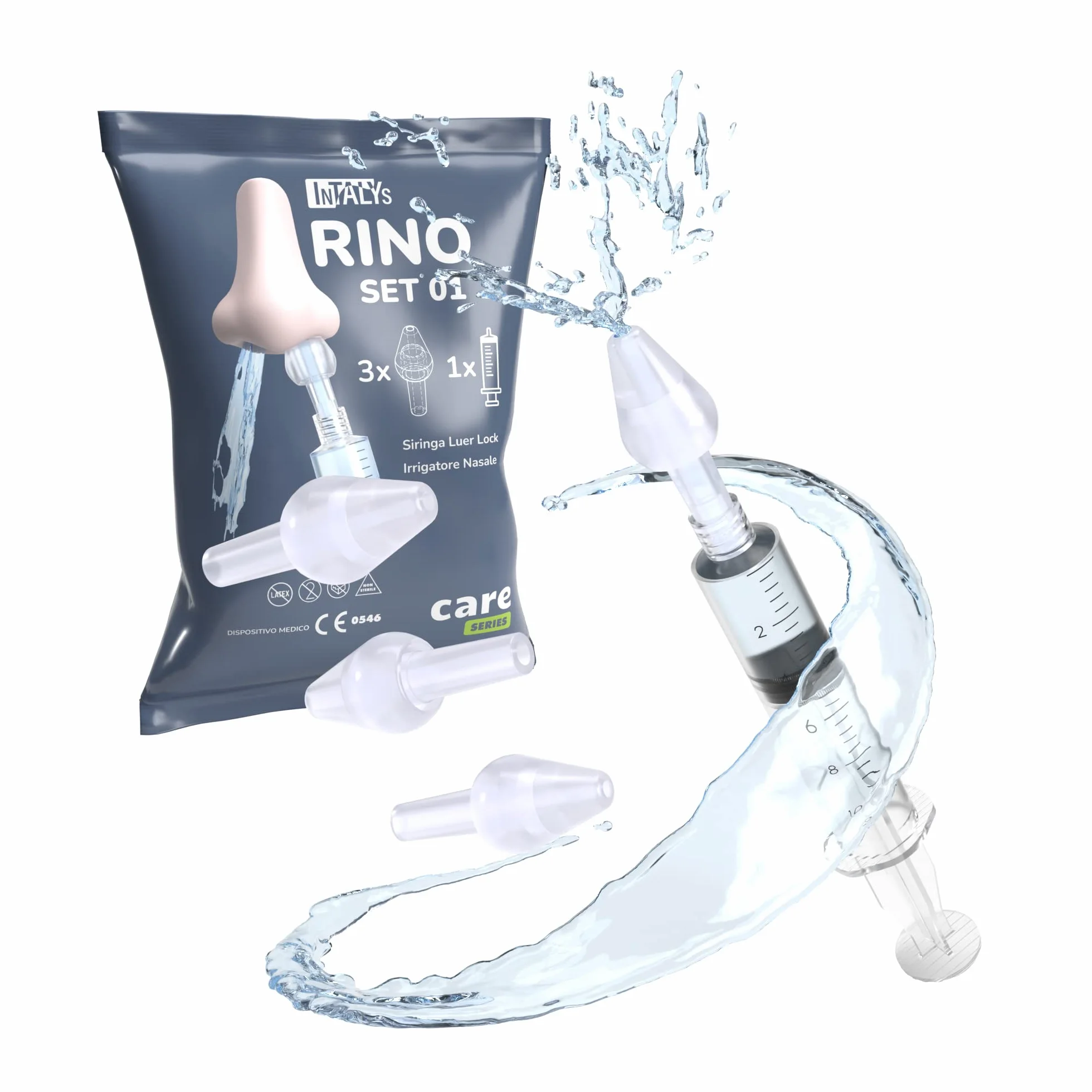 Rino Set Lavaggio Nasale Bambini e Adulti, Kit Pulizia Naso Made in Italy con Siringa e Irrigatore per Soluzione Fisiologica (1 Siringa, 3 Olive)