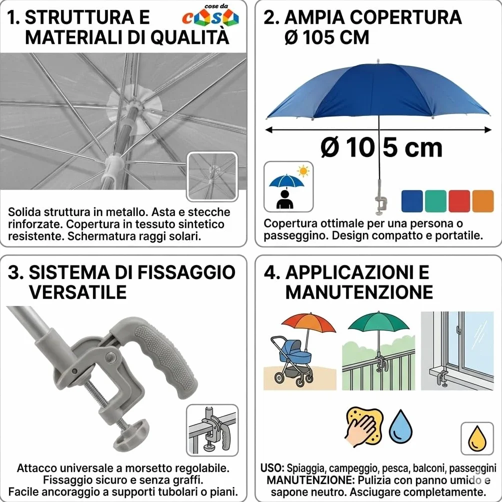 Mini Ombrello Parasole Universale D 105 cm con Gancio a Morsetto Regolabile per Passeggino Sedia Sdraio ringhiere Balcone e Finestra Struttura in Metallo e Tessuto Resistente (arancio)