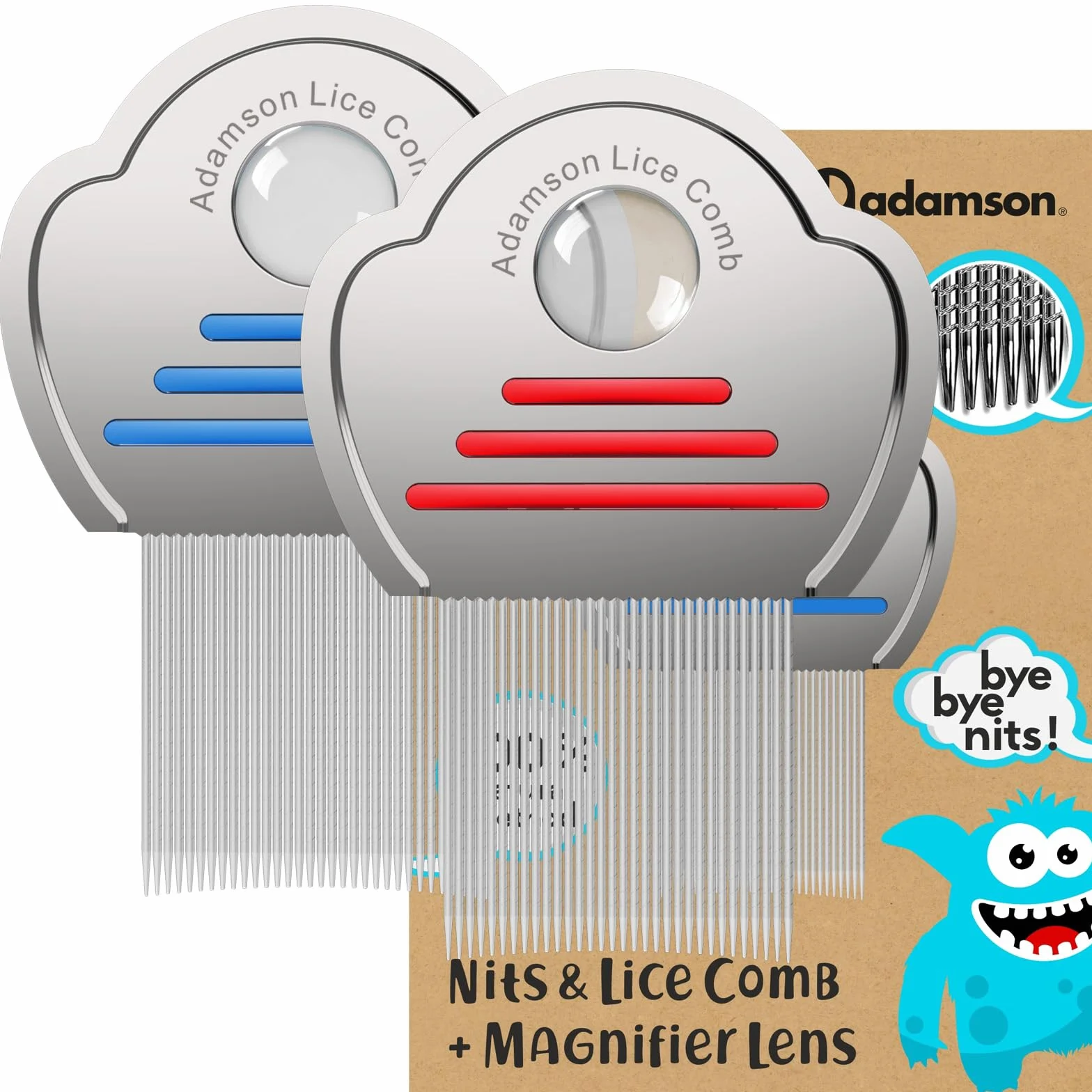 Pettinino Pidocchi Bambini 2 Pezzi - Pettine Pidocchi e Lendini con Lente | Denti ultra-fini in acciaio per rimuovere pidocchi e lendini. Lente integrata. Delicato sui bambini, bagnato o asciutto.
