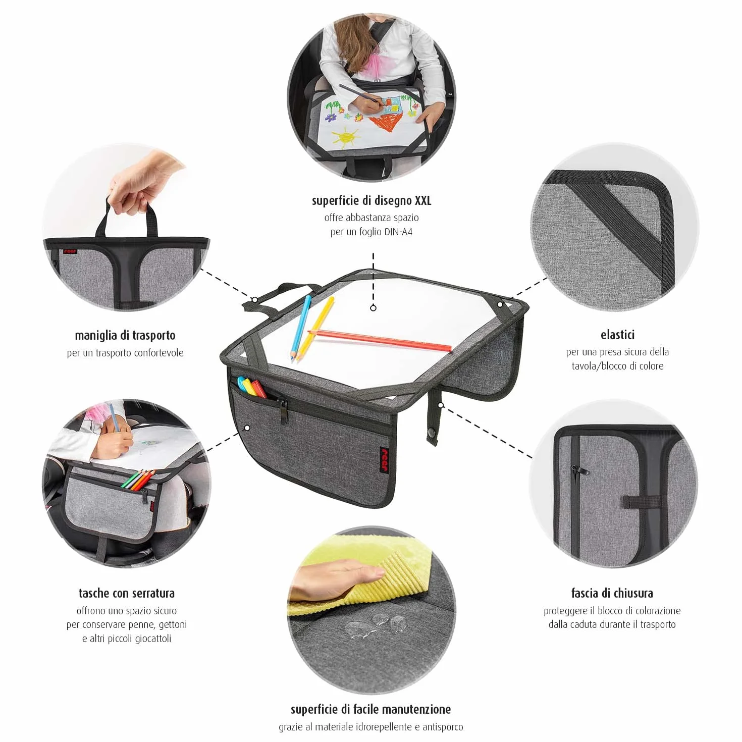 reer TravelKid Play - Kit per colorare per viaggi, leggero e stabile, con tasche pratiche, impermeabile, antimacchia, grigio
