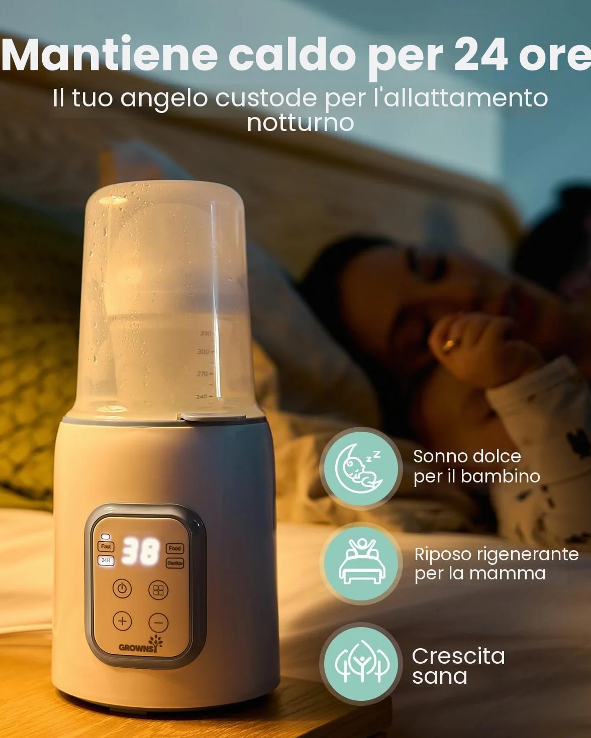GROWNSY Scaldabiberon 10-in-1 Veloce con Timer per Latte Materno o Formula, Controllo Preciso della Temperatura, Funzioni di Scongelamento, Sterilizzazione, Mantenimento Caldo e Riscaldamento Pappe