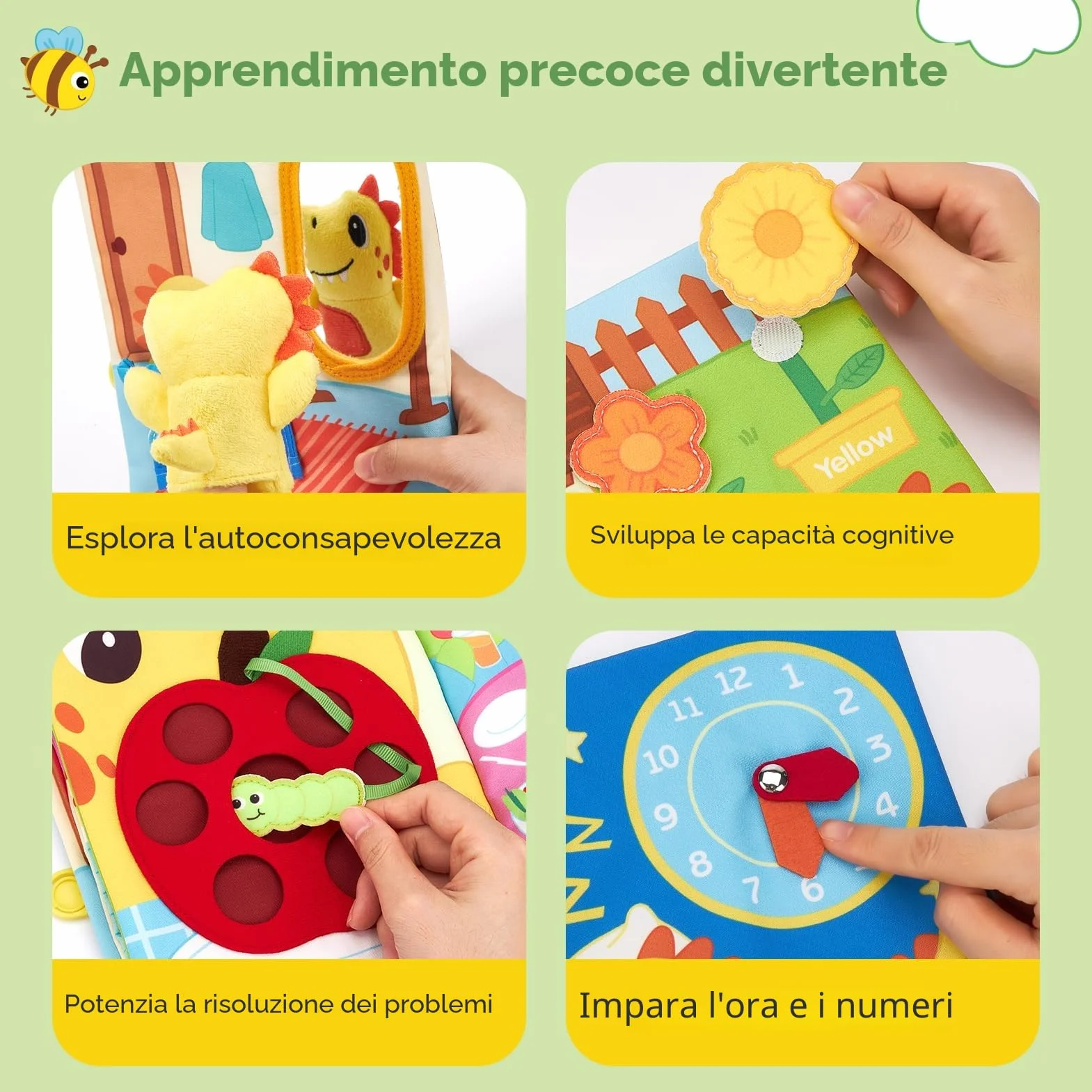 hahaland Libro Montessori 1-3 anni, Giochi Bambini 1 anno Libri Morbidi con Dinosauro di Peluche, Busy Book Educativo Regalo Montessori per Bambino 1 2 3 anni