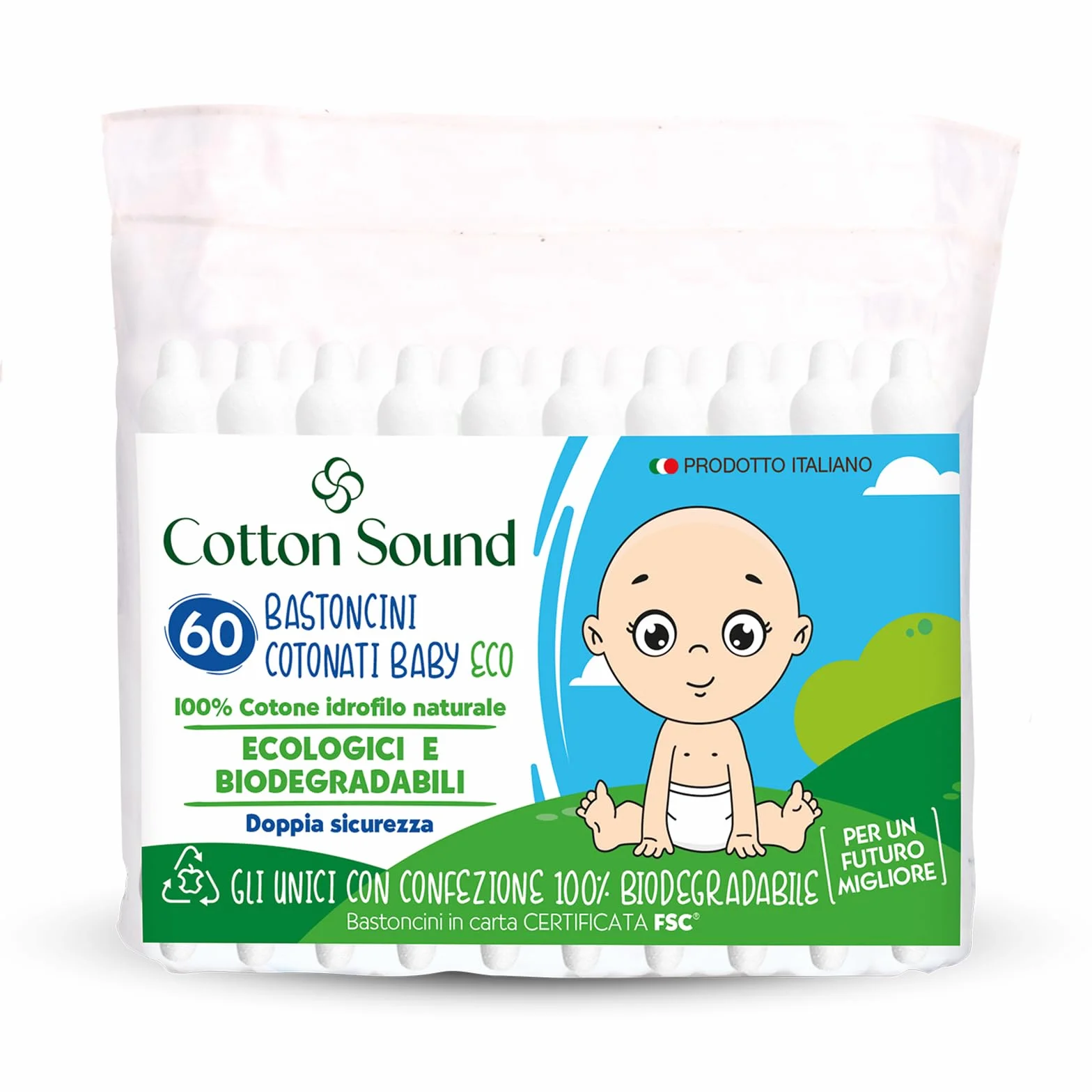 COTTON SOUND ECO Bastoncini Cotonati Baby Busta 24 confezioni x 60 Pezzi, Bastoncini Cotonati per Bambini, Bastoncini Ecologici e Biodegradabili 100% Cotone Idrofilo, Busta Compostabile, Made in Italy