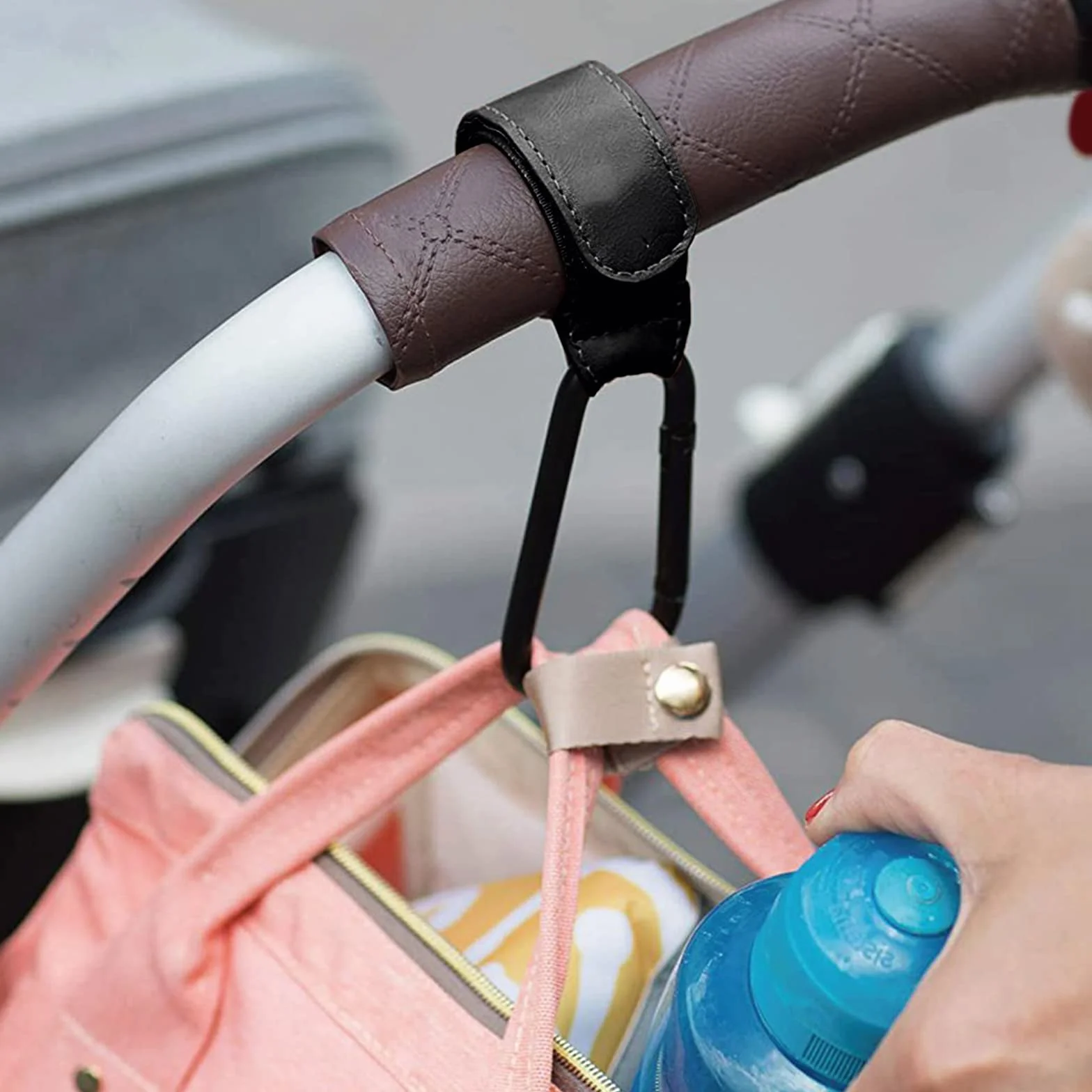 Clip per passeggino, 2 clip per passeggino, gancio per passeggino, in pelle, gancio per passeggino, clip per passeggino, gancio per passeggino (nero)