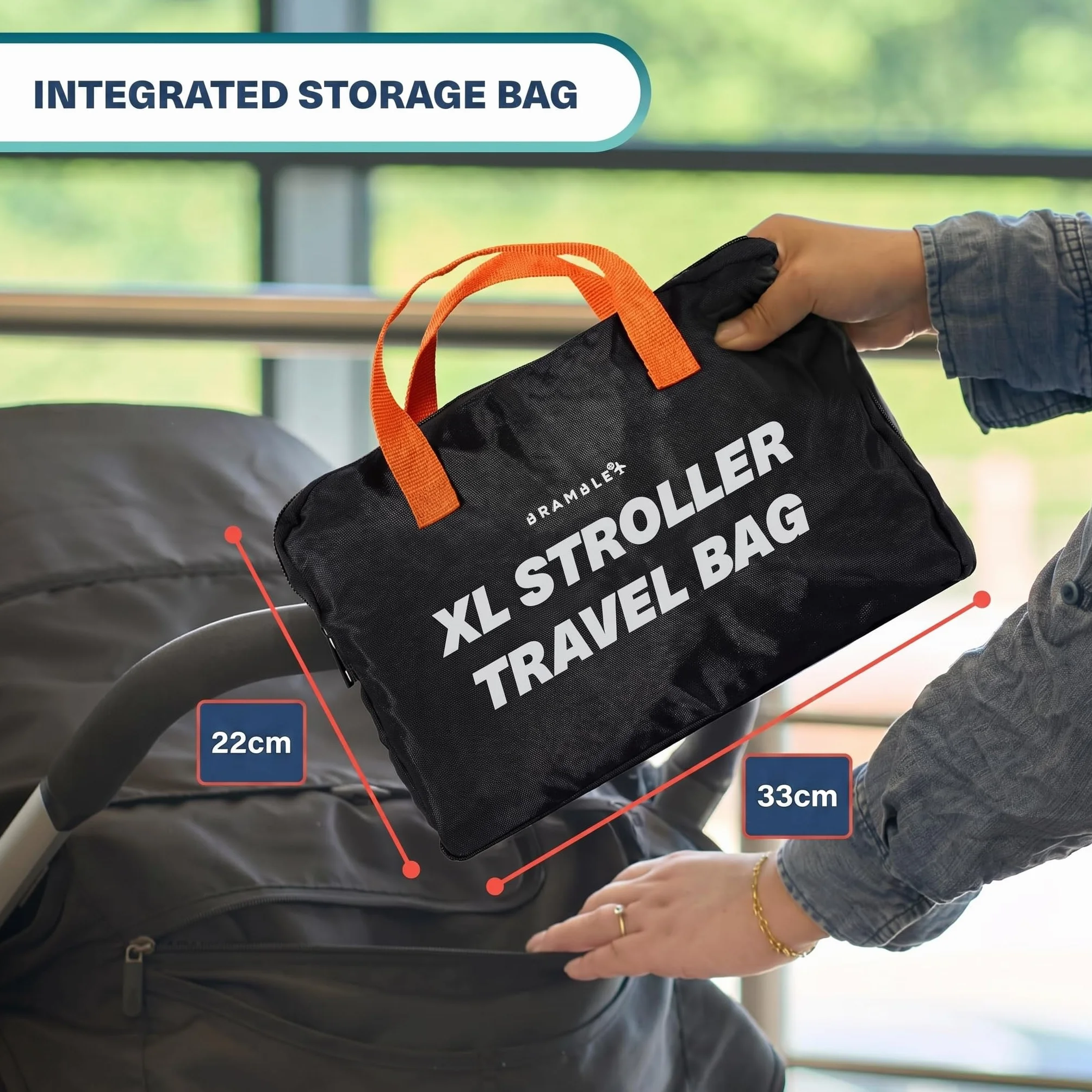 Bramble - Borsa da Trasporto Passeggino Gemellare XL per Aereo Gate Check - Nylon Balistico Idrorepellente con Spallacci Neoprene, Sacca & Finestra ID - 100 x 65 x 40 cm (Nero)