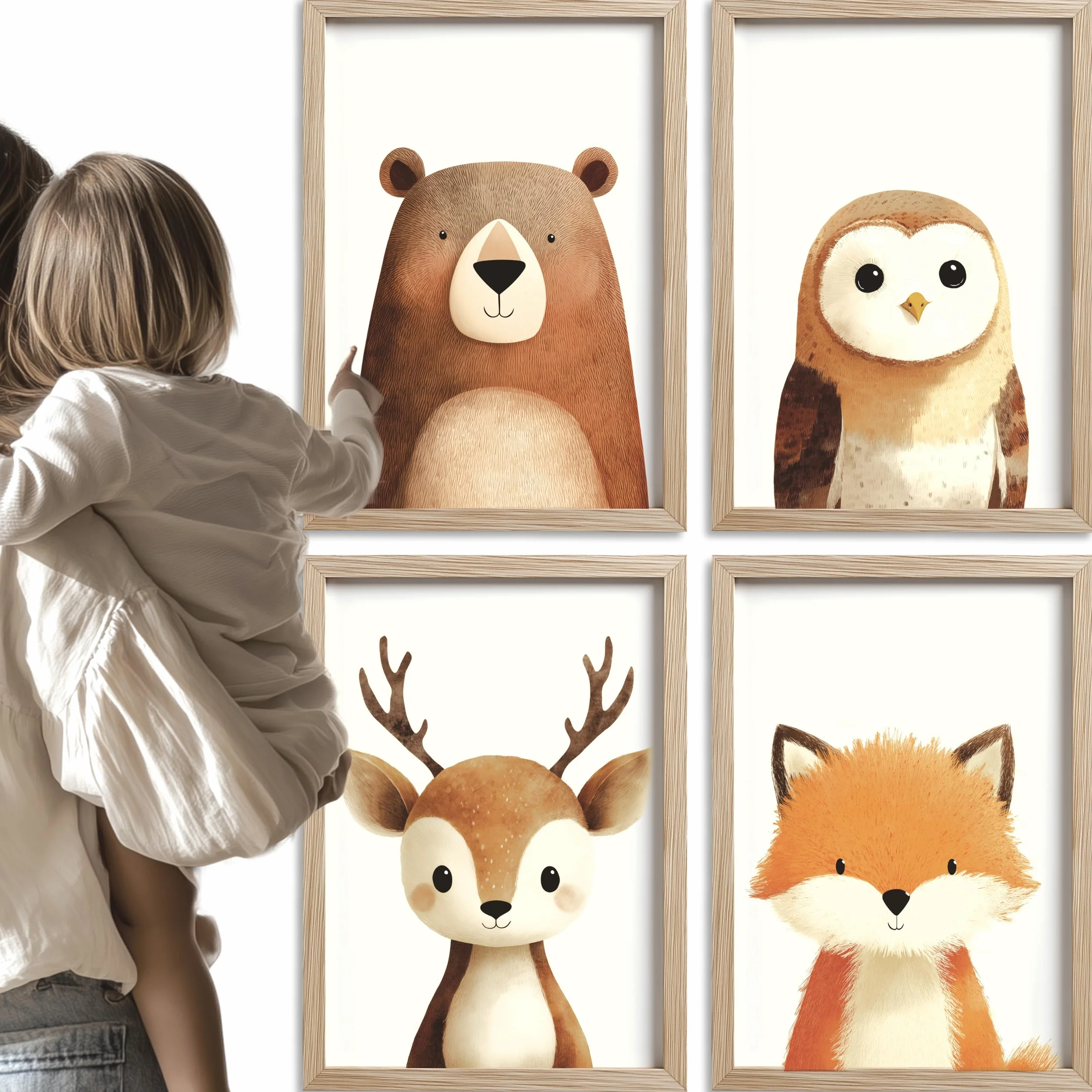 PACKLIST® Set 4 Quadretti Cameretta Neonato – Poster Animali del Bosco (Orso, Volpe, Cervo, Gufo) – Stampe A4 Premium 250g – Decorazione Parete Bambini Senza Cornice – Idea Regalo Nascita