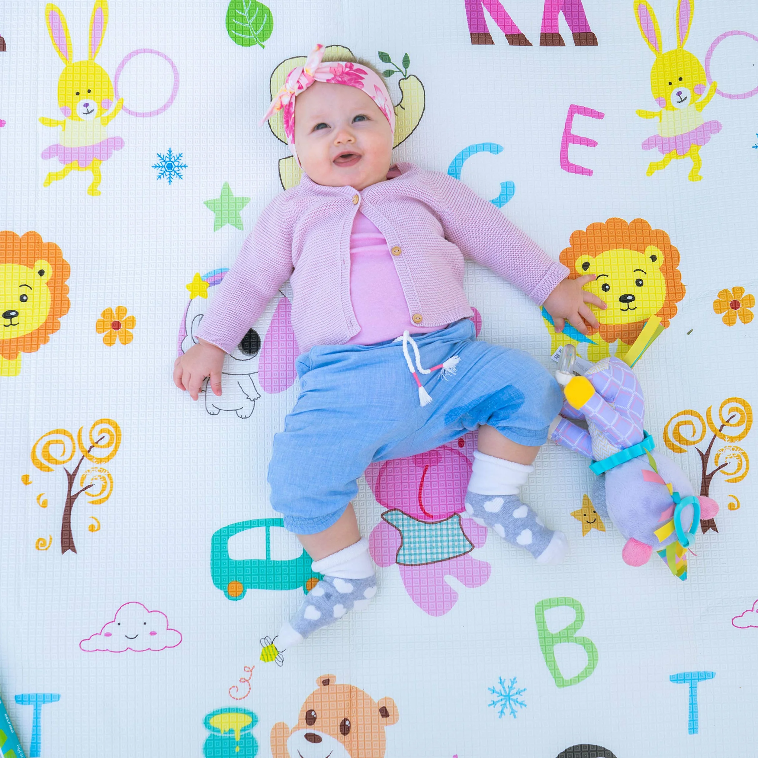 Tappeto Neonato Gattonamento Ripiegabile (con borsetta) Gioco e Divertimento Bambini con tanti Colori - Certificato CE (Bianco/Turchese)