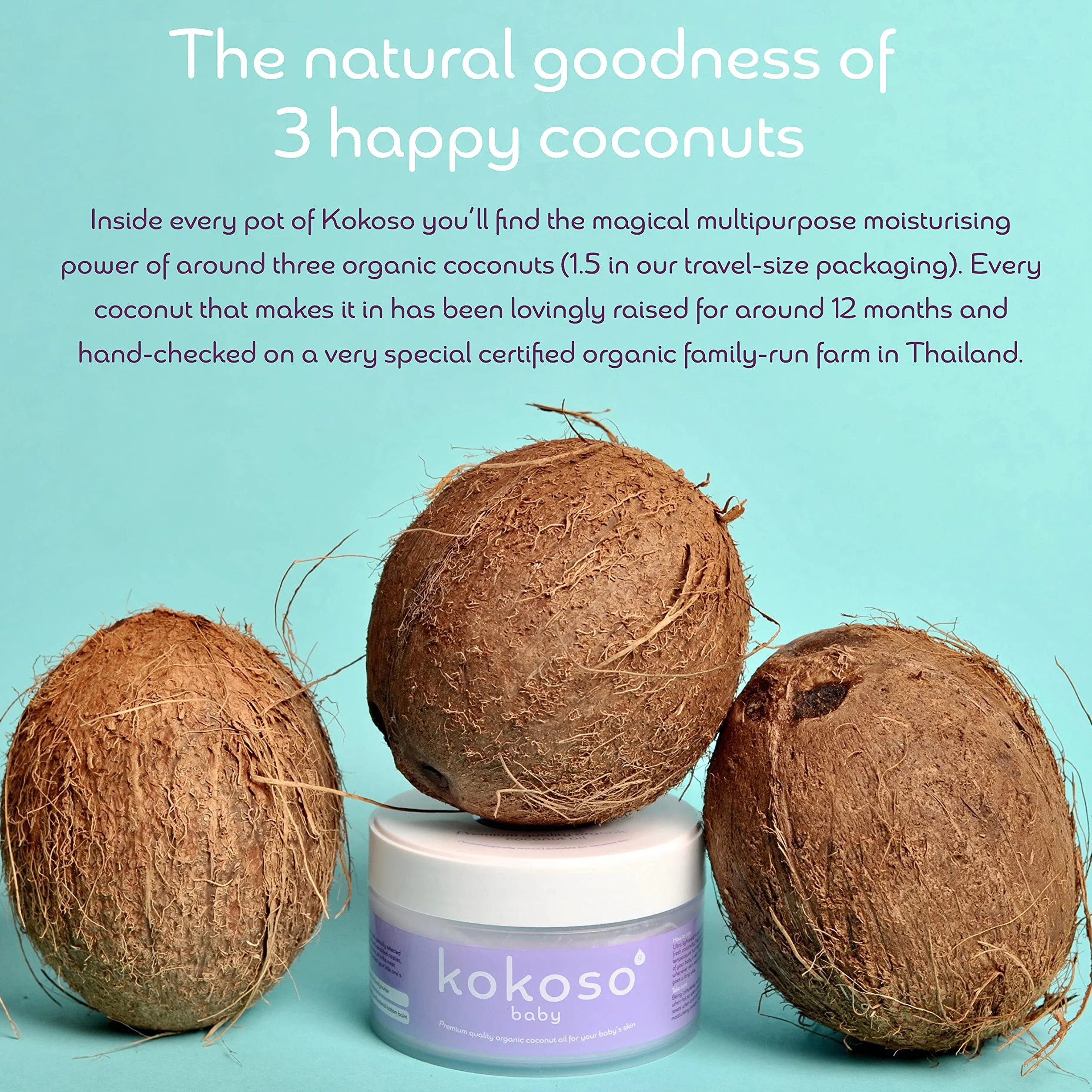 Kokoso Olio di cocco biologico per bambini – Olio idratante 100% naturale per il massaggio del bambino, pelle secca, sensibile e normale – 168g