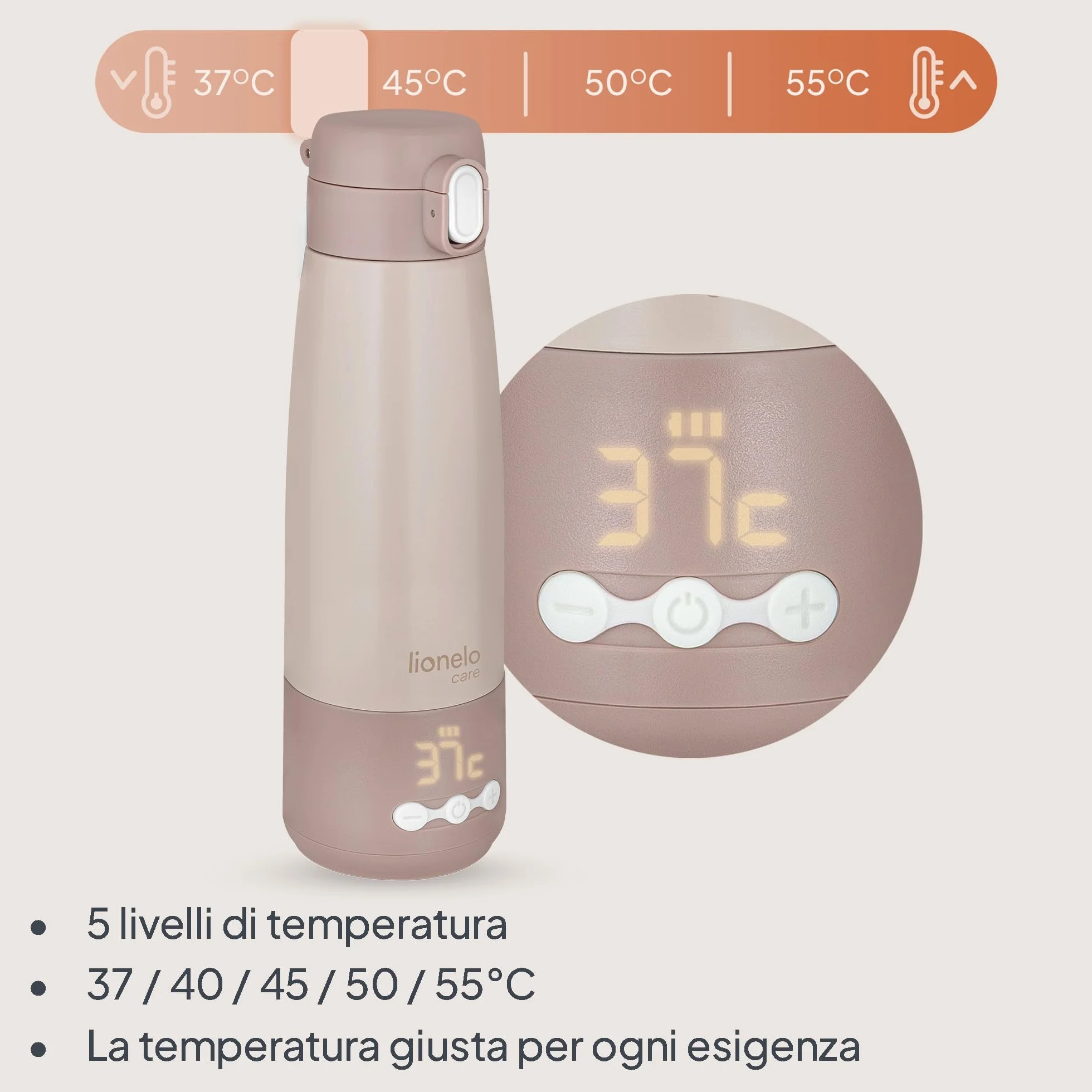 Lionelo THERMUP BOTTLE Scaldalatte Portatile Senza Fili, Compatto 350 ml, Riscalda Latte o Acqua in 3,5 Min, Controllo Temperatura 37-55°C a 5 Livelli, Termos per Latte fino a 20 h, Display