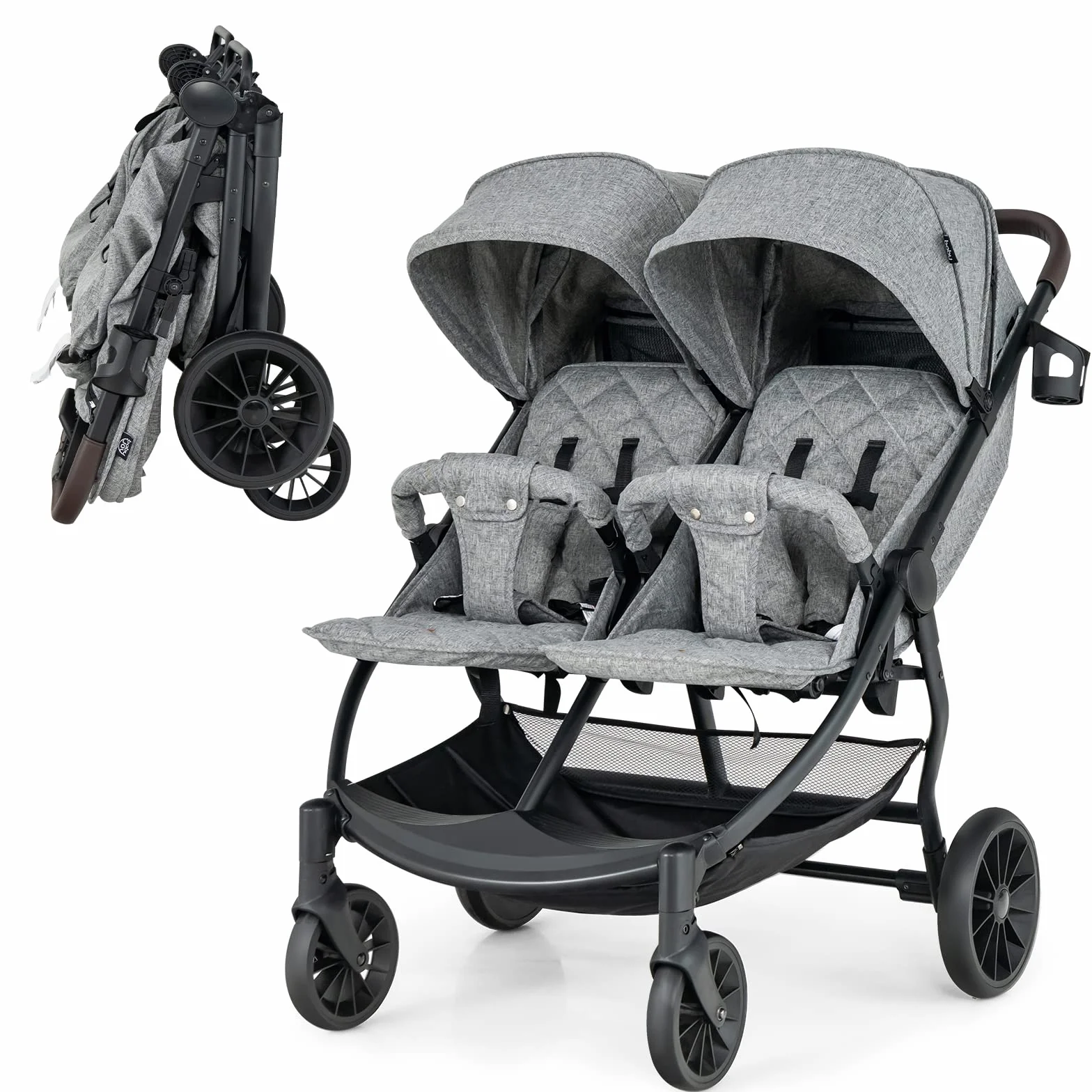 COSTWAY Passeggino Gemellare per Bambini, Passeggino Doppio Portatile Pieghevole con Schienale Regolabile, Tettuccio a 5 Livelli, Cintura a 5 Punti, Ruote 360°, Portata 15+15 kg (Grigio Chiaro)