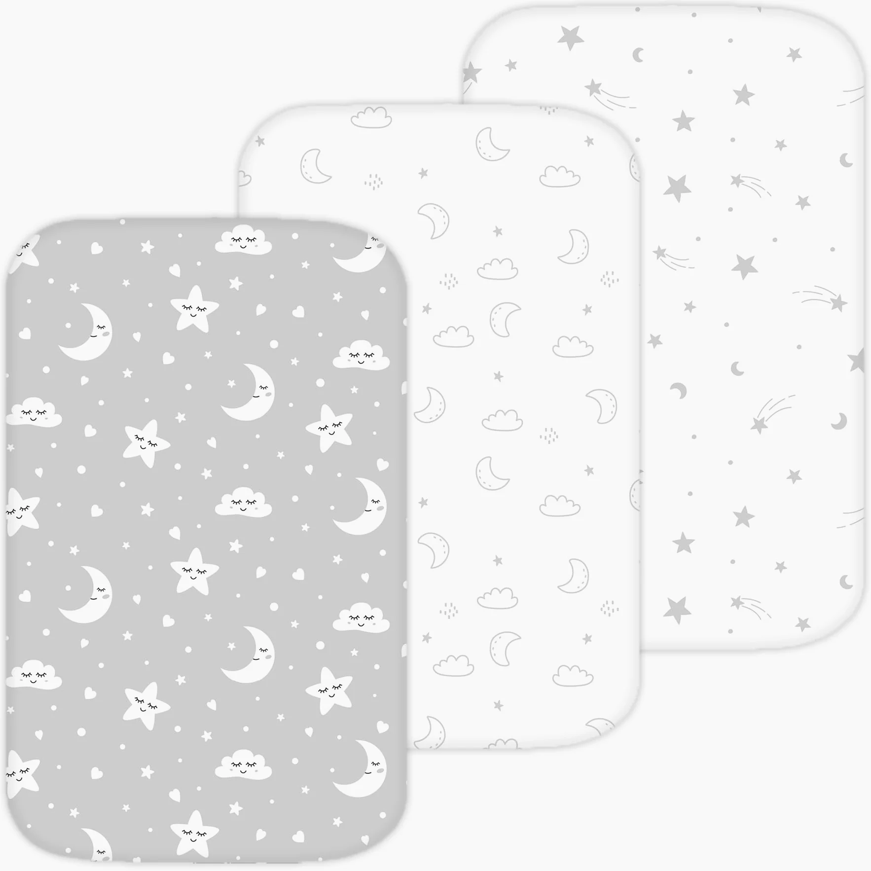 TansyPanda - Lenzuola per culla per Cloud Baby, Yacul, Dream On Me Traveler, Skylar, BabyBond, Simmons, 3 pezzi, 83,8 x 50,8 cm, ultra morbide, traspiranti, aderenti, unisex, grigio bianco (luna,