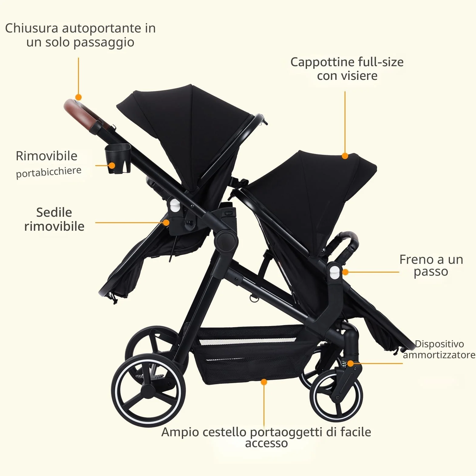 Passeggino Gemellare Doppio Leggero Carrozzina Pieghevole da Viaggio, Passeggino Tandem Compatto Con Sedili Reversibili, Navicella Bambino Carico Max 30 kg Dalla Nascita a 36 Mesi
