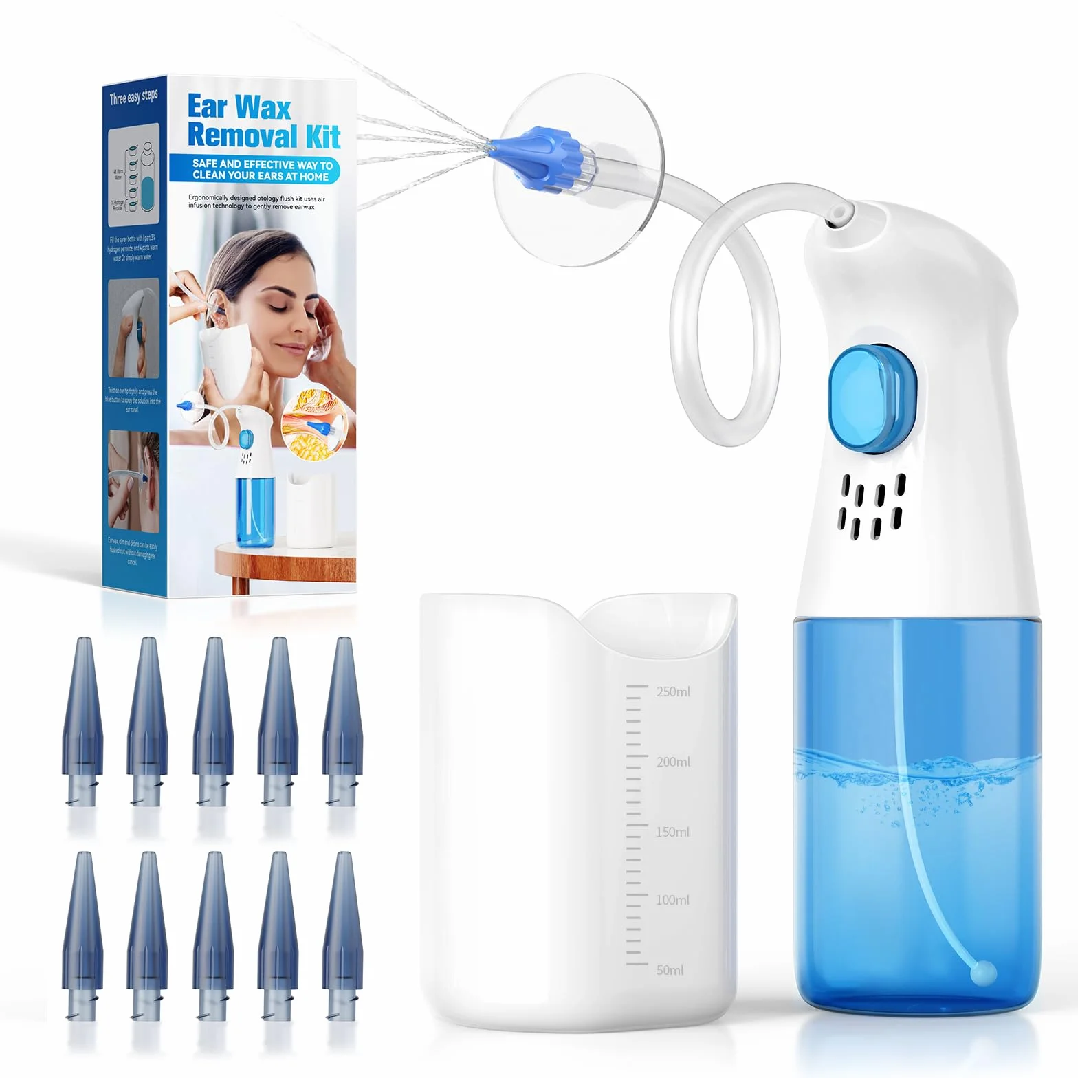 Kit Pulisci Orecchie per Rimozione Cerume Qimic, Sistema di Irrigazione per Orecchie, Strumenti Pulizia Orecchie con 10 punte, Sicuro ed Efficace per Pulire il Cerume Accumulato nell'orecchio