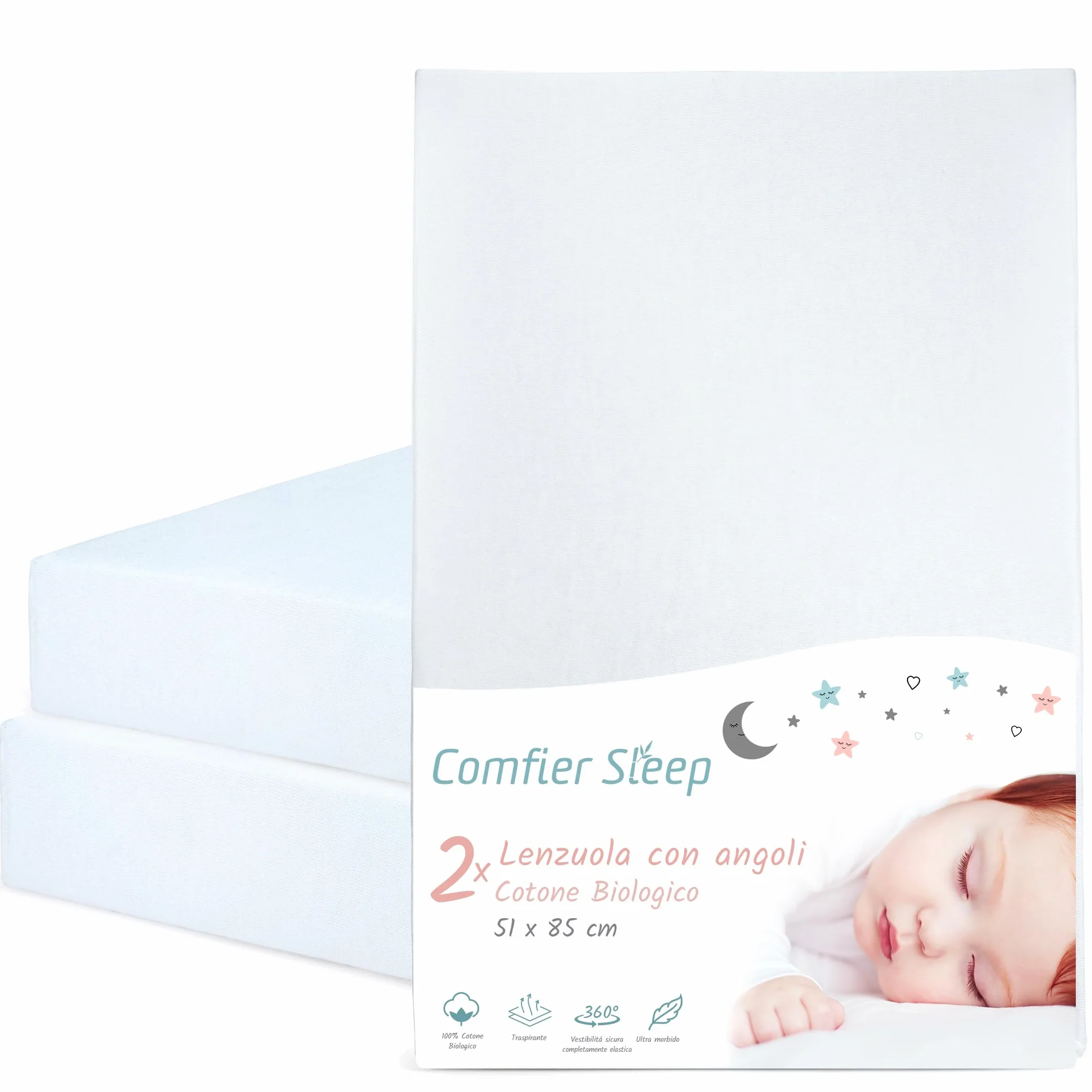 Lenzuola Next To Me 51x85 – Set Di 2 Pezzi Colore Bianco Lenzuolo Angoli Next To Me in 100% Cotone Biologico - Elasticizzate e Ultra morbide