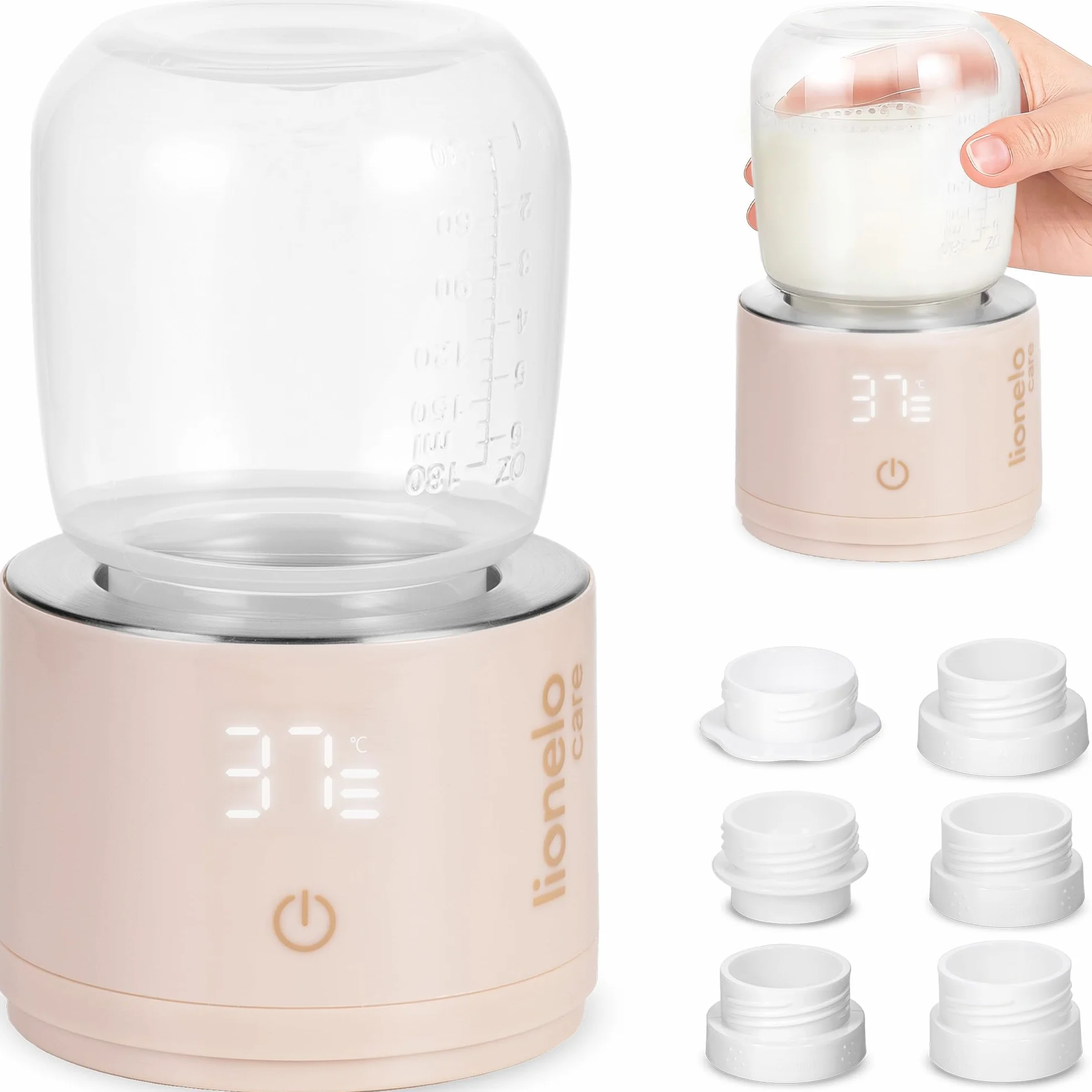 Lionelo THERMUP SWIFT Scaldabiberon Portatile per Neonato da Viaggio, BPA Free, Contenitore Latte 180 ml, 4 Temperature 37-50 °C, USB-C senza Fili, 5000 mAh, Riscaldamento 90 ml in 3 min, 5 Adattatori