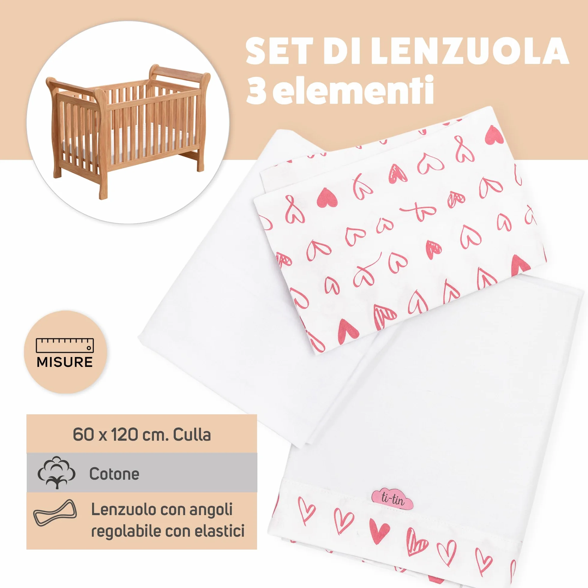 Ti TIN | Set Per Culla con Lenzuolo con Angoli, Lenzuolo, Federa, 100% Cotone | Set di 2 Lenzuola e 1 Federa | 60x120 cm